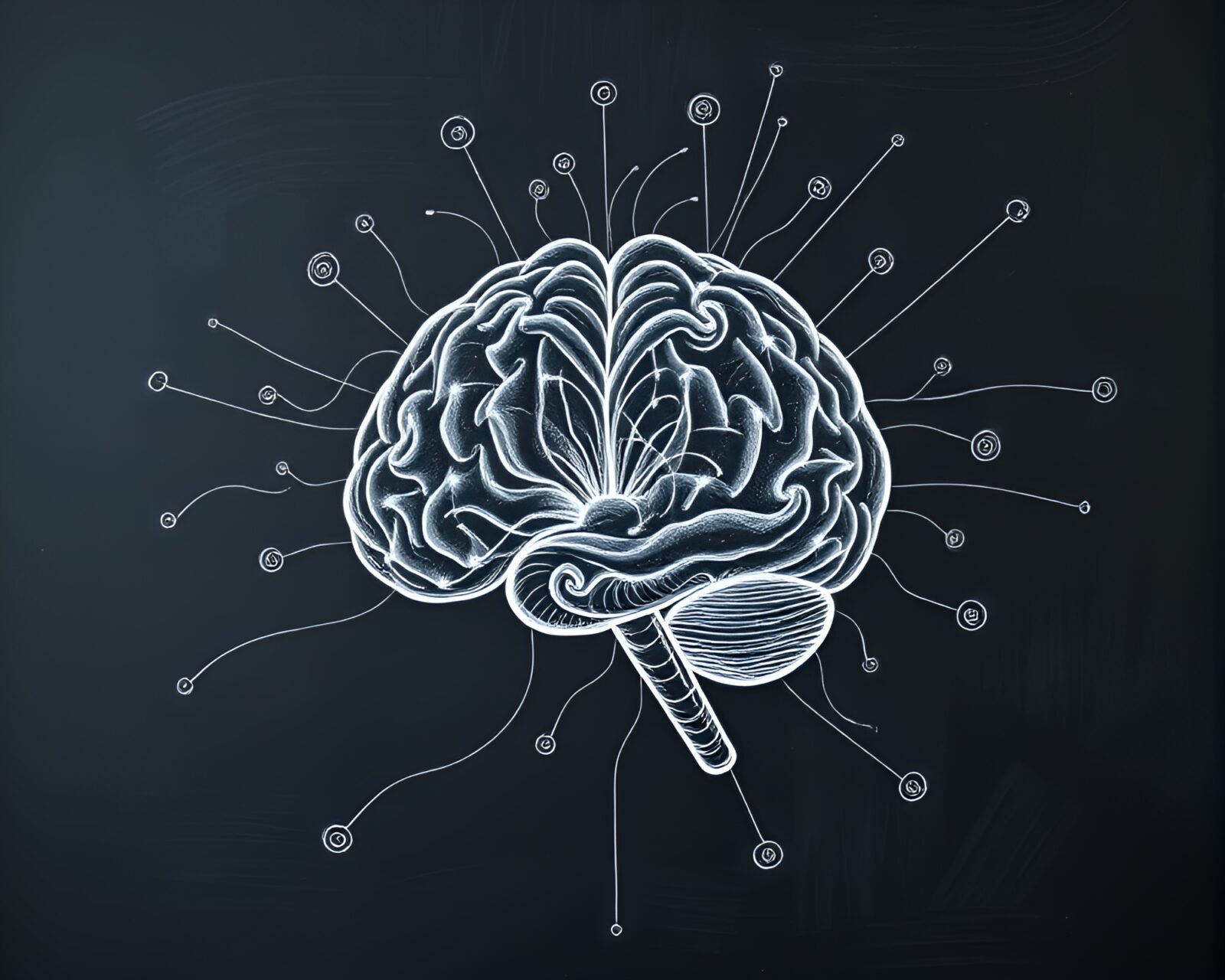 Detailed chalkboard illustration of AI brain in Fibonacci spiral