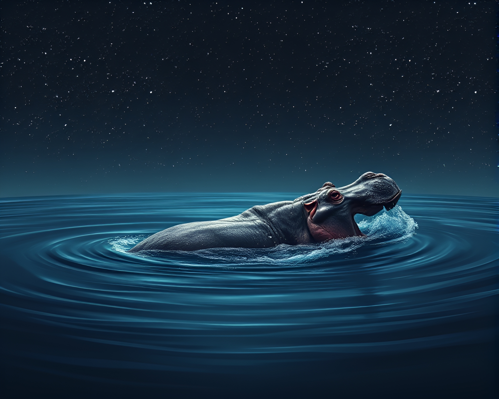Hippopotamus in Starlit Water Whirlpool – free AI stock image