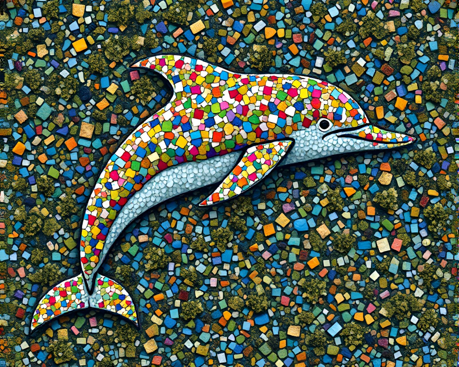 Colorful dolphin swimming in lichen-textured mosaic waters