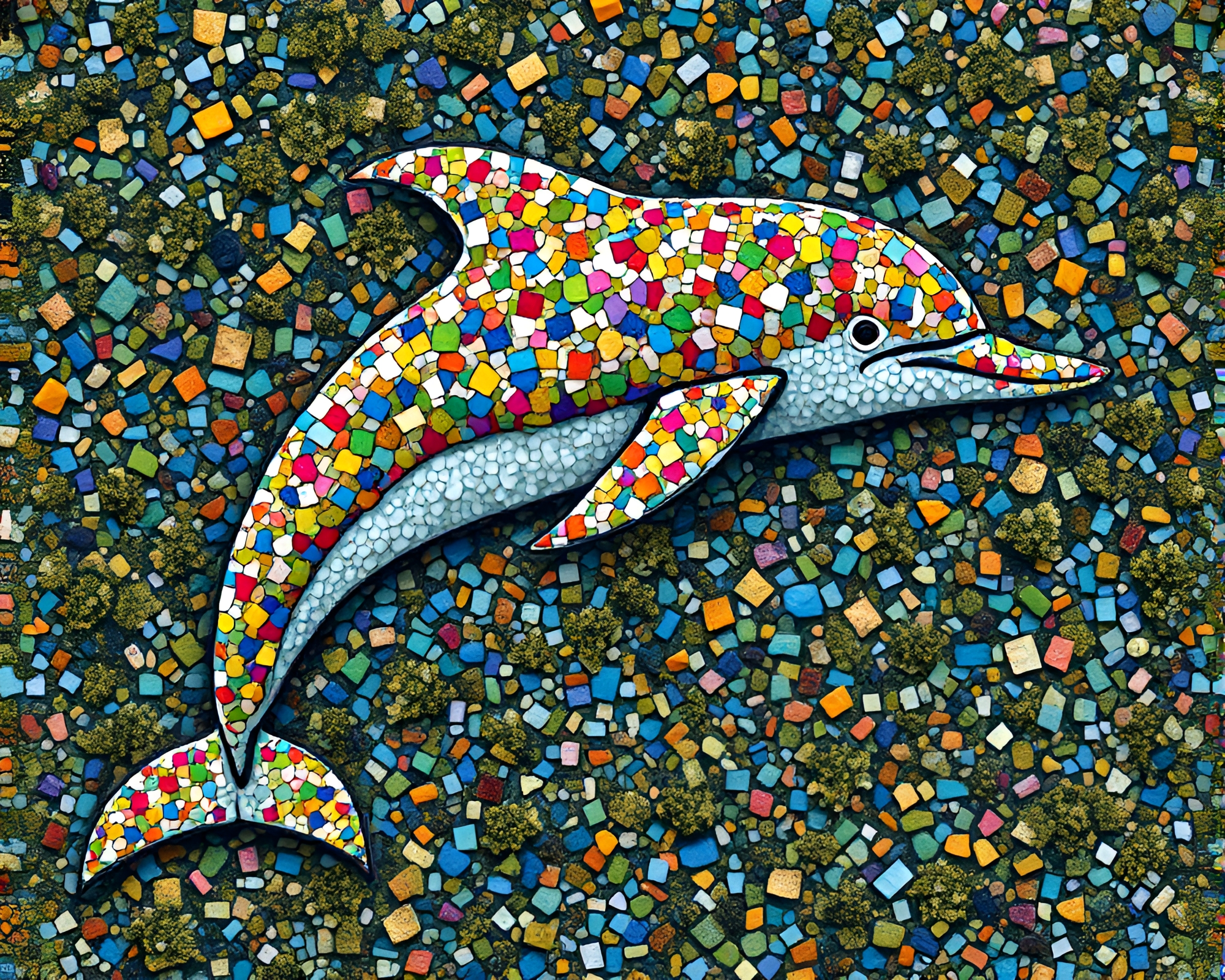 Dolphin amidst vibrant lichen mosaic pattern – free AI stock image