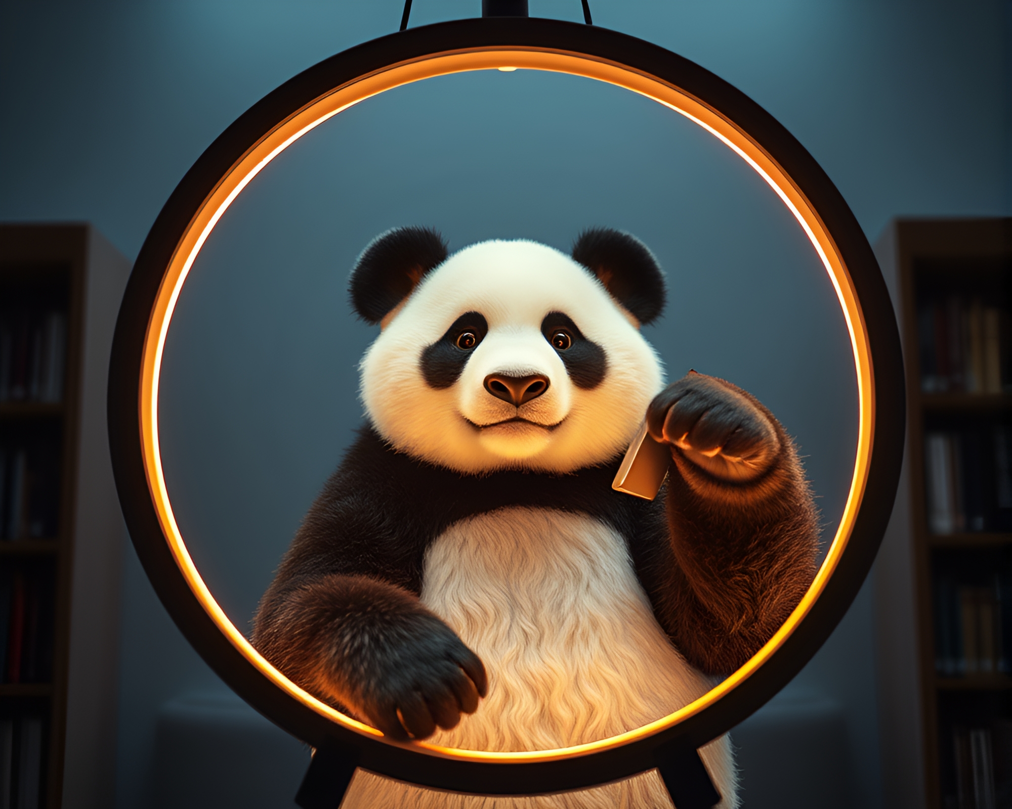 Adorable Panda in Circular Library Lamp Light Frame – free AI stock image