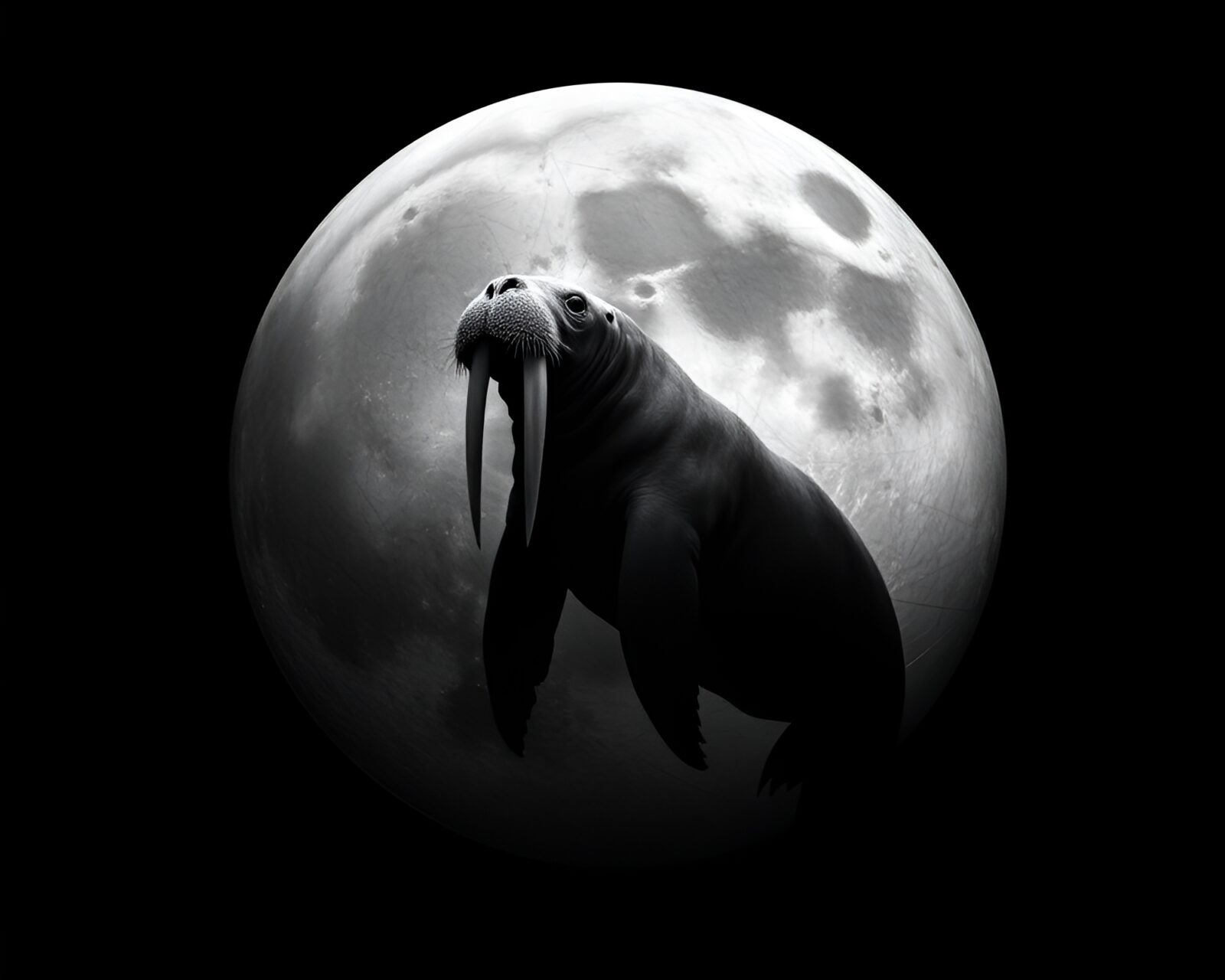 Magnificent wireframed walrus floating in lunar grayscale environment