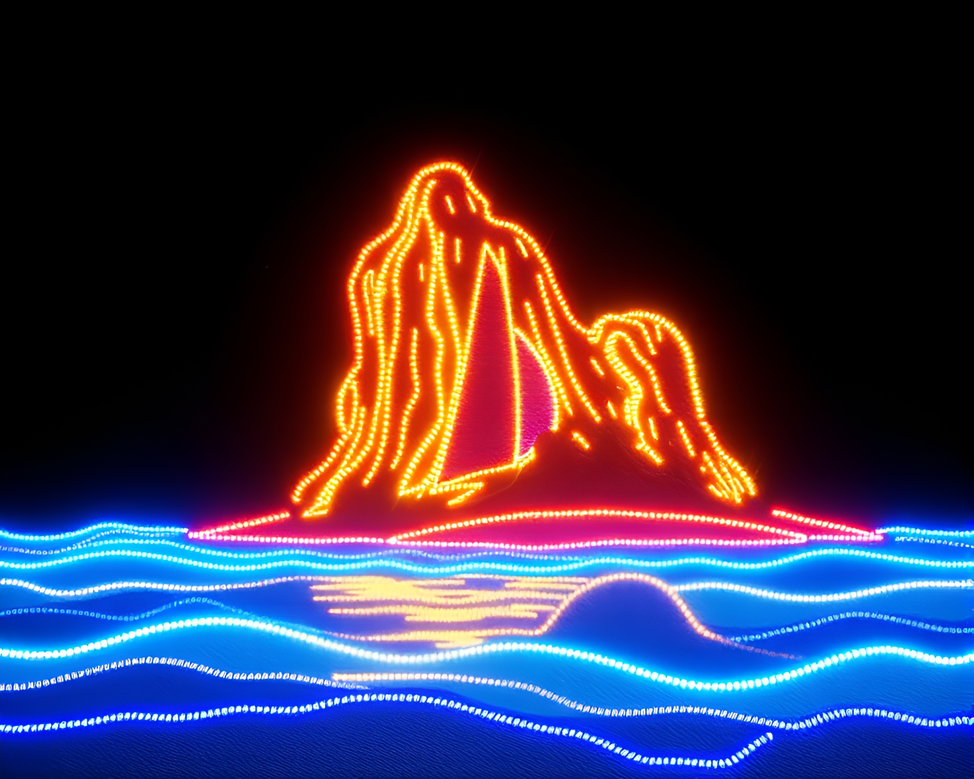 Awe-Inspiring Embroidered Island Scene in 80s Torchlight Glow – free AI stock image