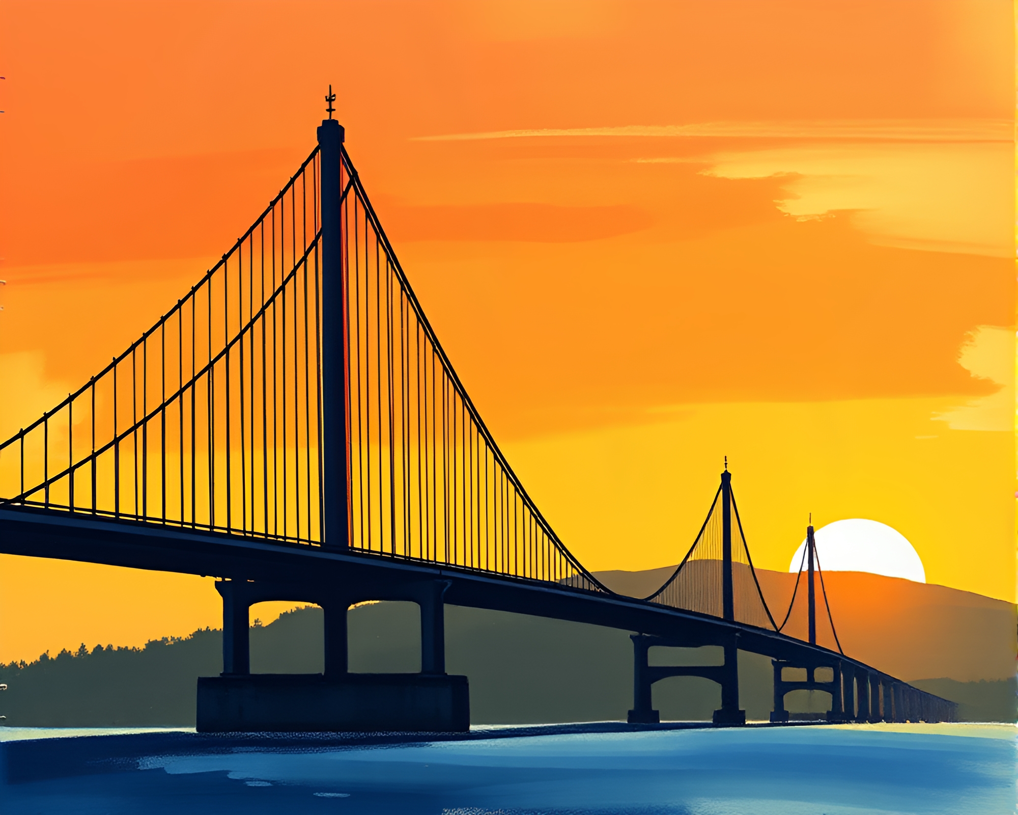 Suspension Bridge at Sunset: Shading Strokes Art – free AI stock image