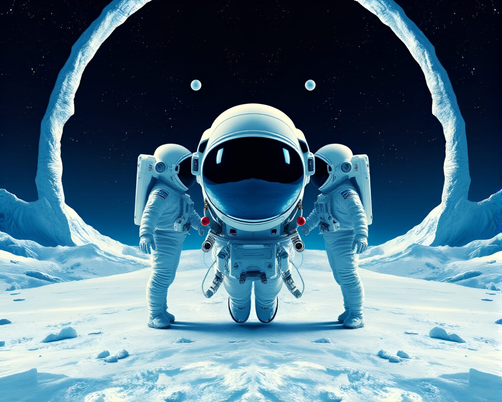 Abstract utopian astronaut mirroring in arctic blue lighting