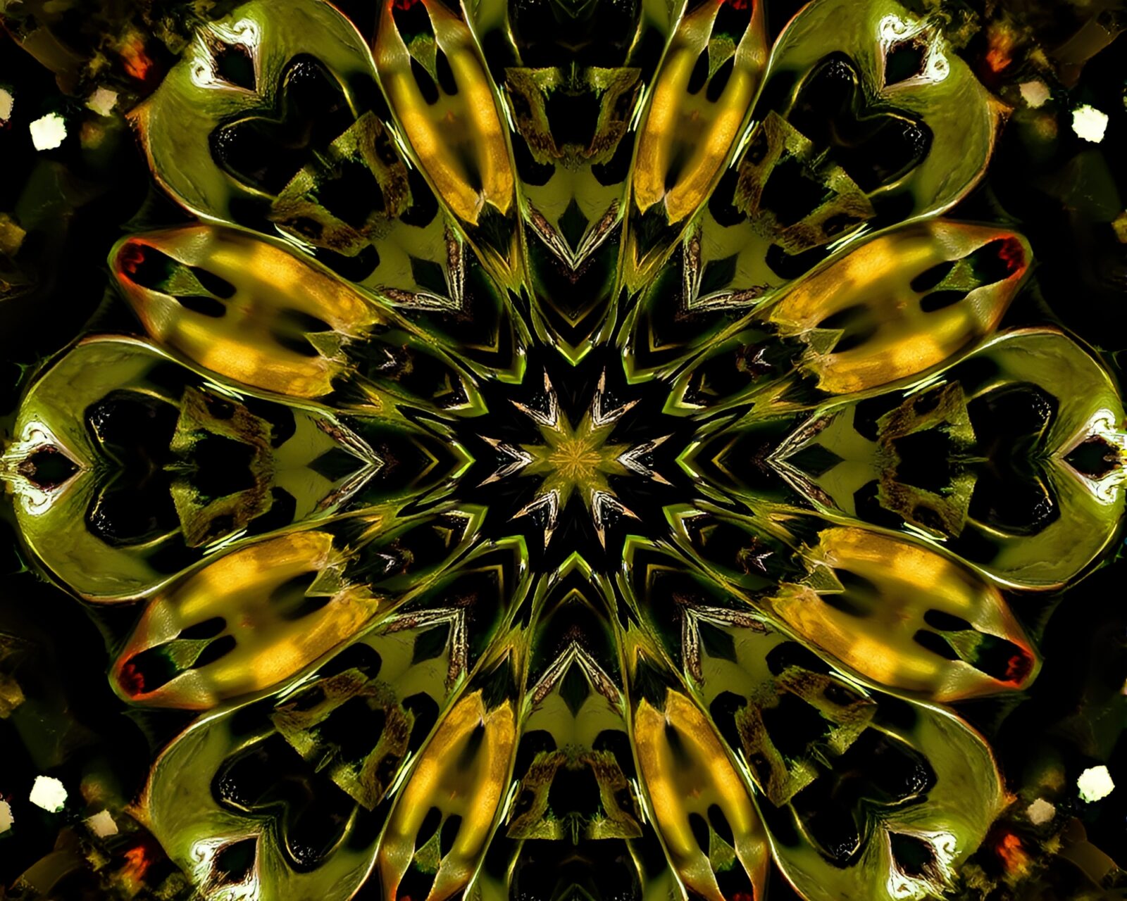 Abstract image of armor pieces in a kaleidoscope pattern with olive drab lighting