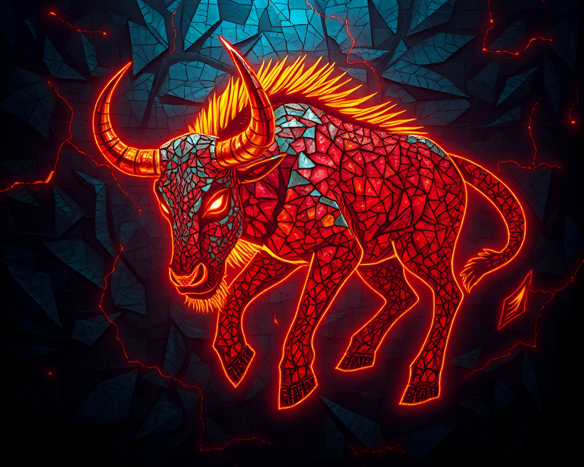 Cyberpunk Minotaur Mosaic Illuminated in Leaf Vein Pattern – free AI stock image