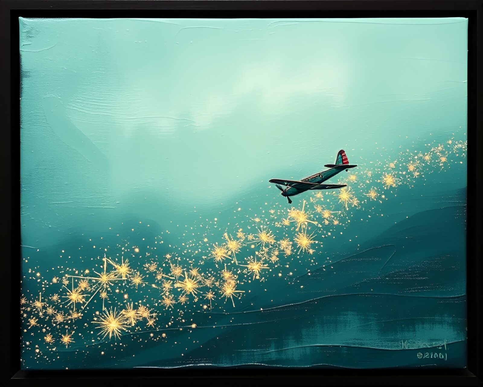 Encaustic painting of sea plane with sparkler trails in forest-green sky