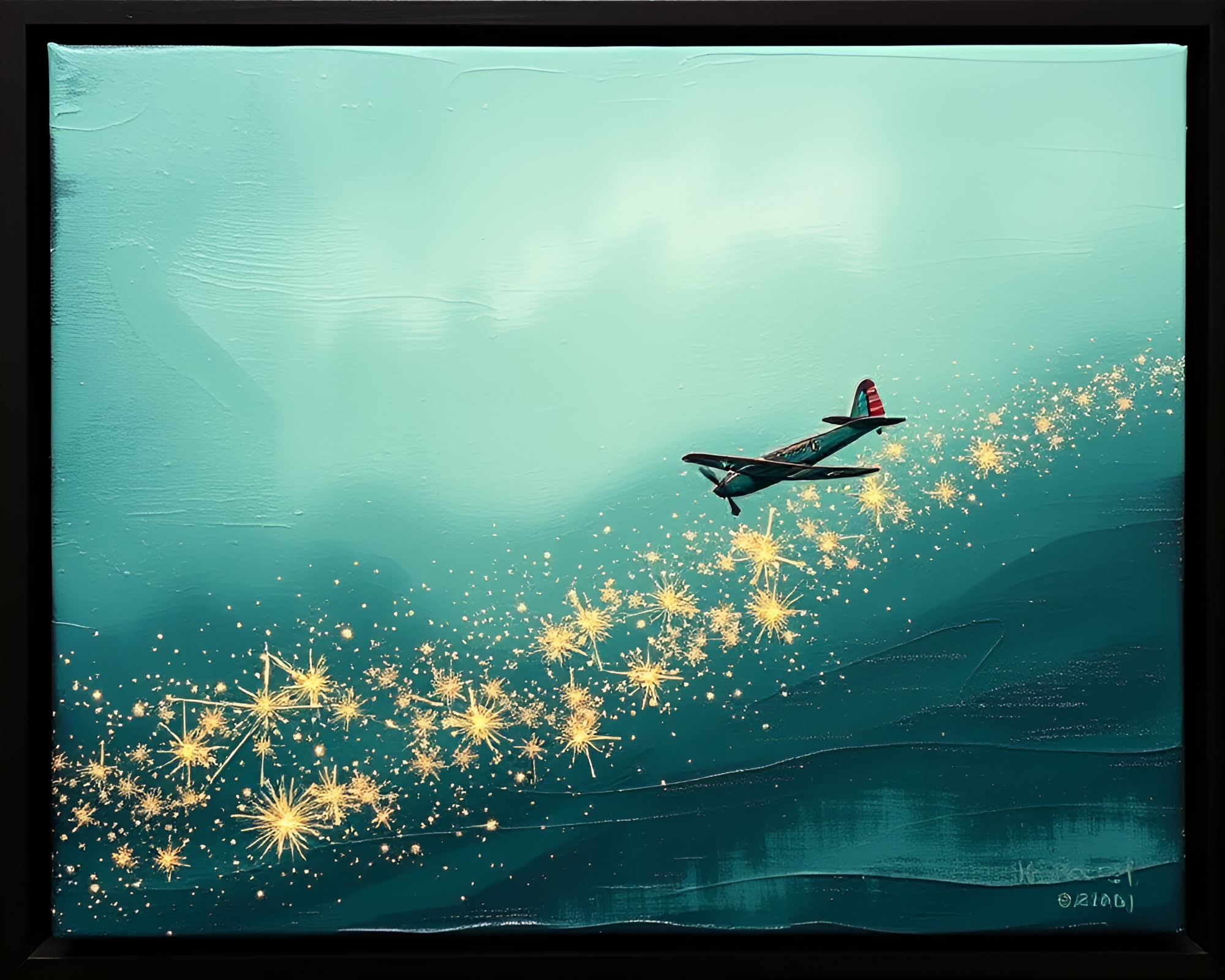 Mesmerizing Sparkler Trails Behind Sea Plane Through Forest-Green Sky – free AI stock image