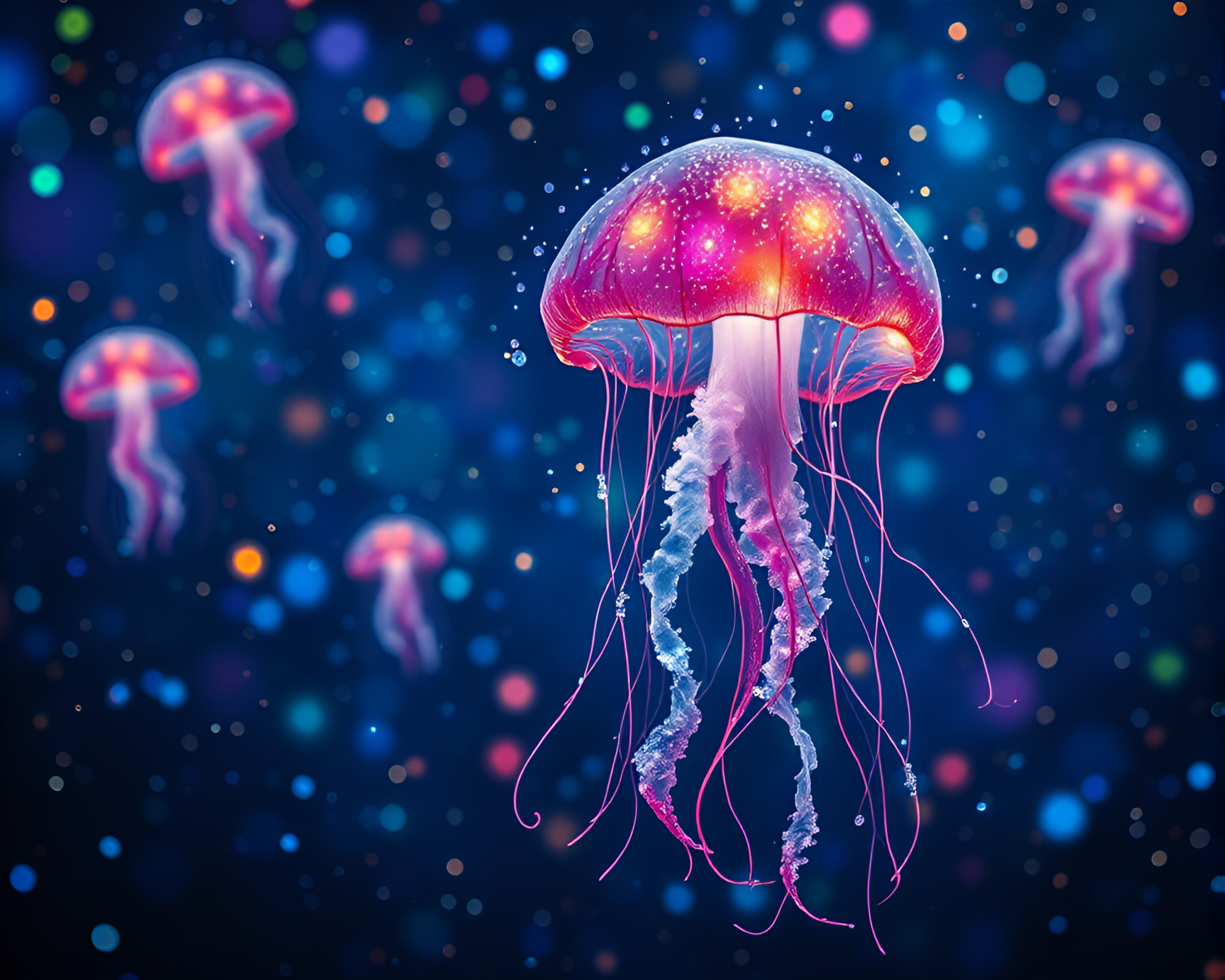 Bioluminescent Jellyfish Dance in Intricate Color Field – free AI stock image