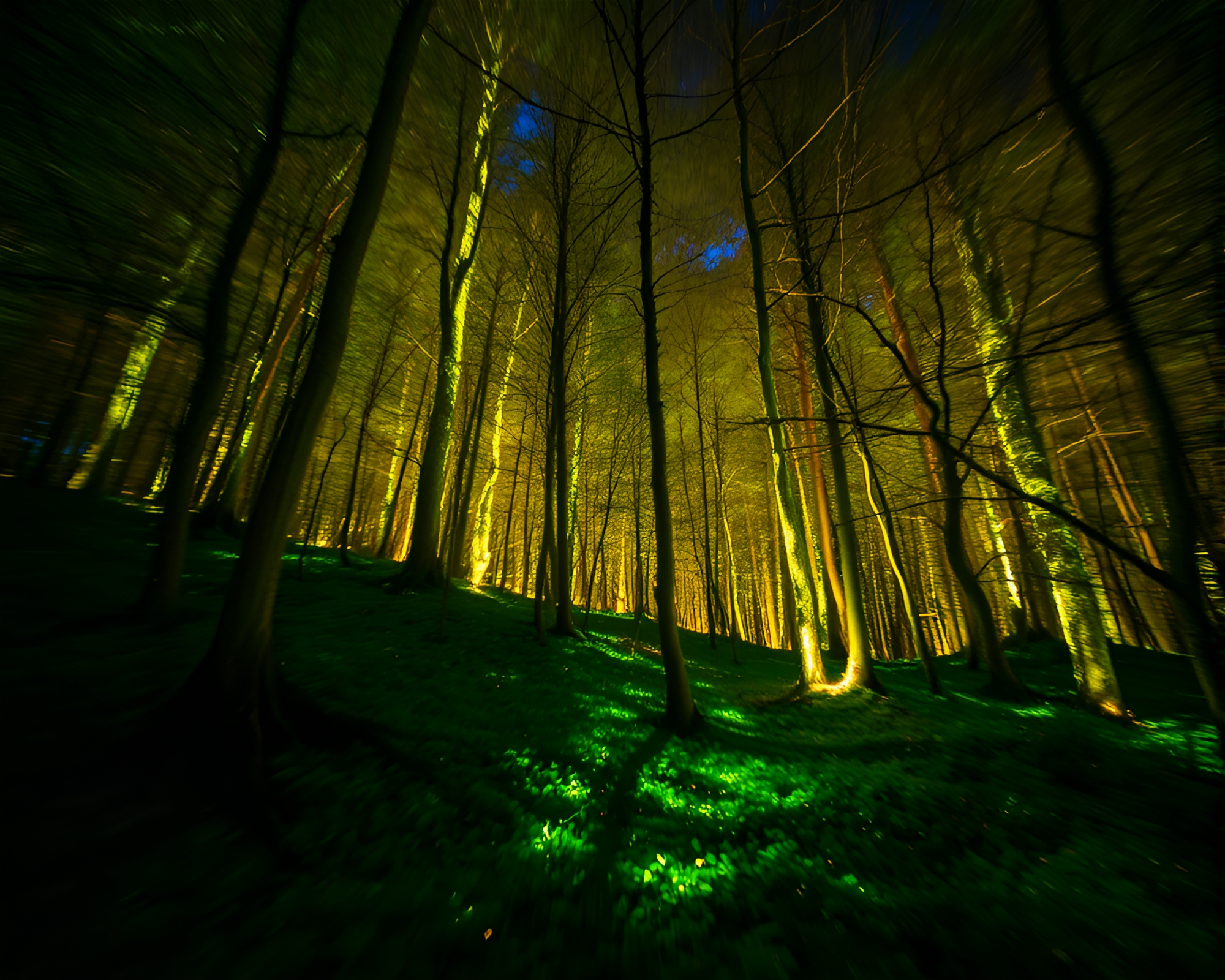 Bioluminescent Forest Zoom Burst at Golden Hour – free AI stock image