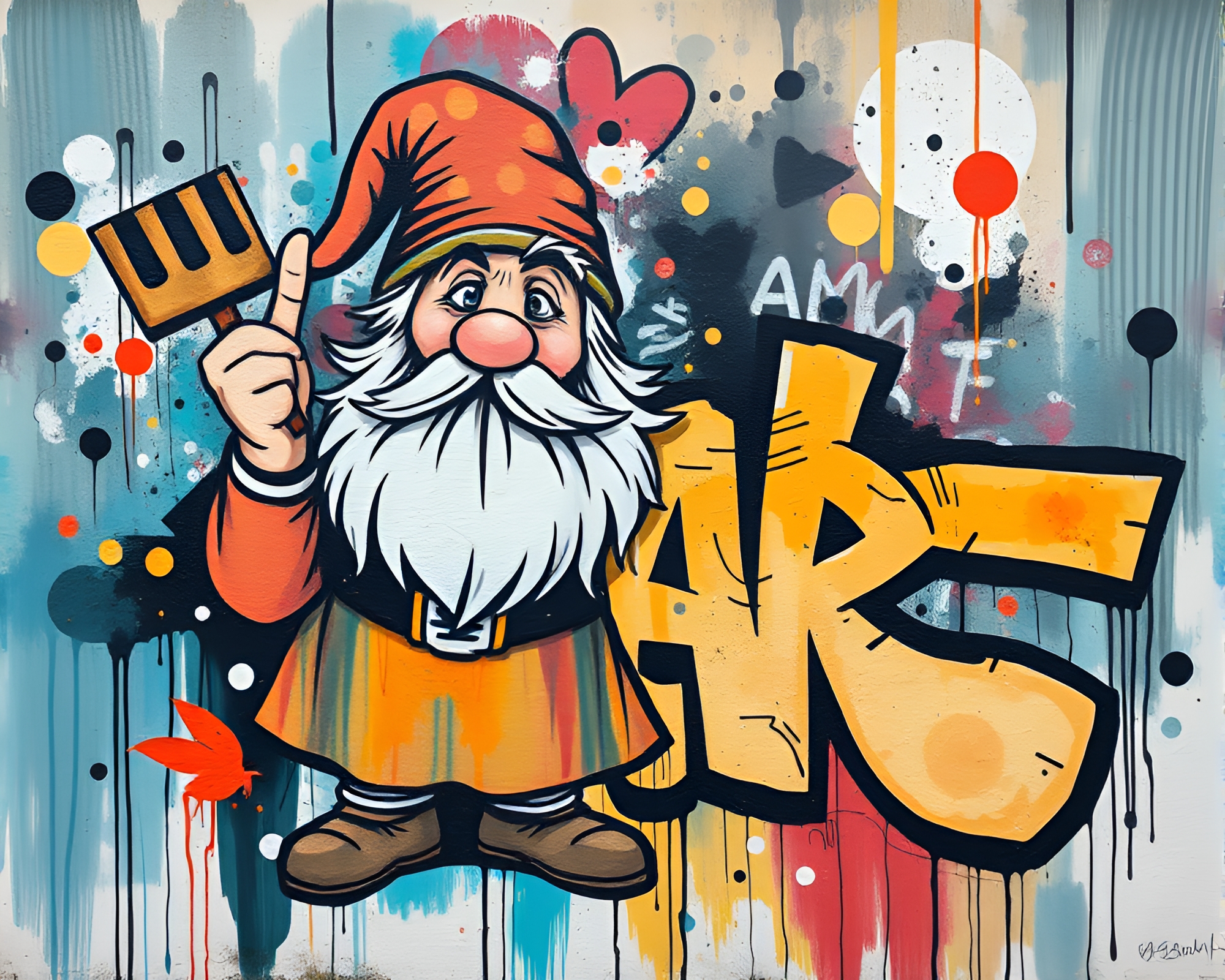 Dwarf-themed street mural in acid wash palette – free AI stock image