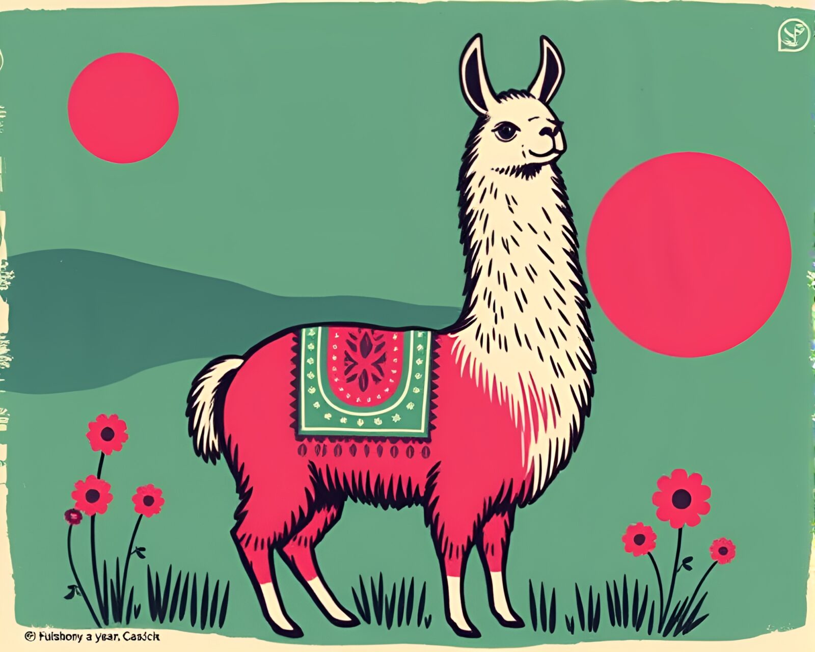 Vibrant fashion artwork of a llama in magenta tones