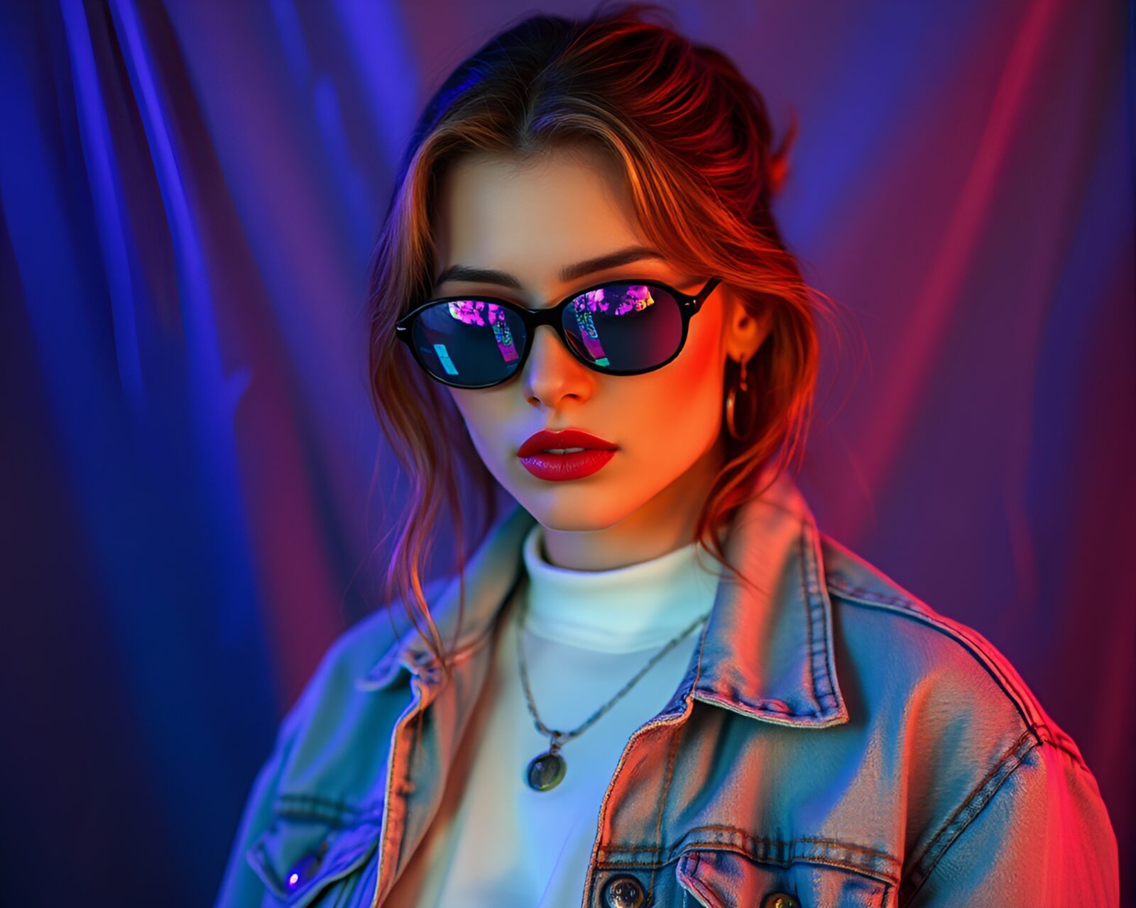 Utopian style image with faded denim lighting, hologram specks