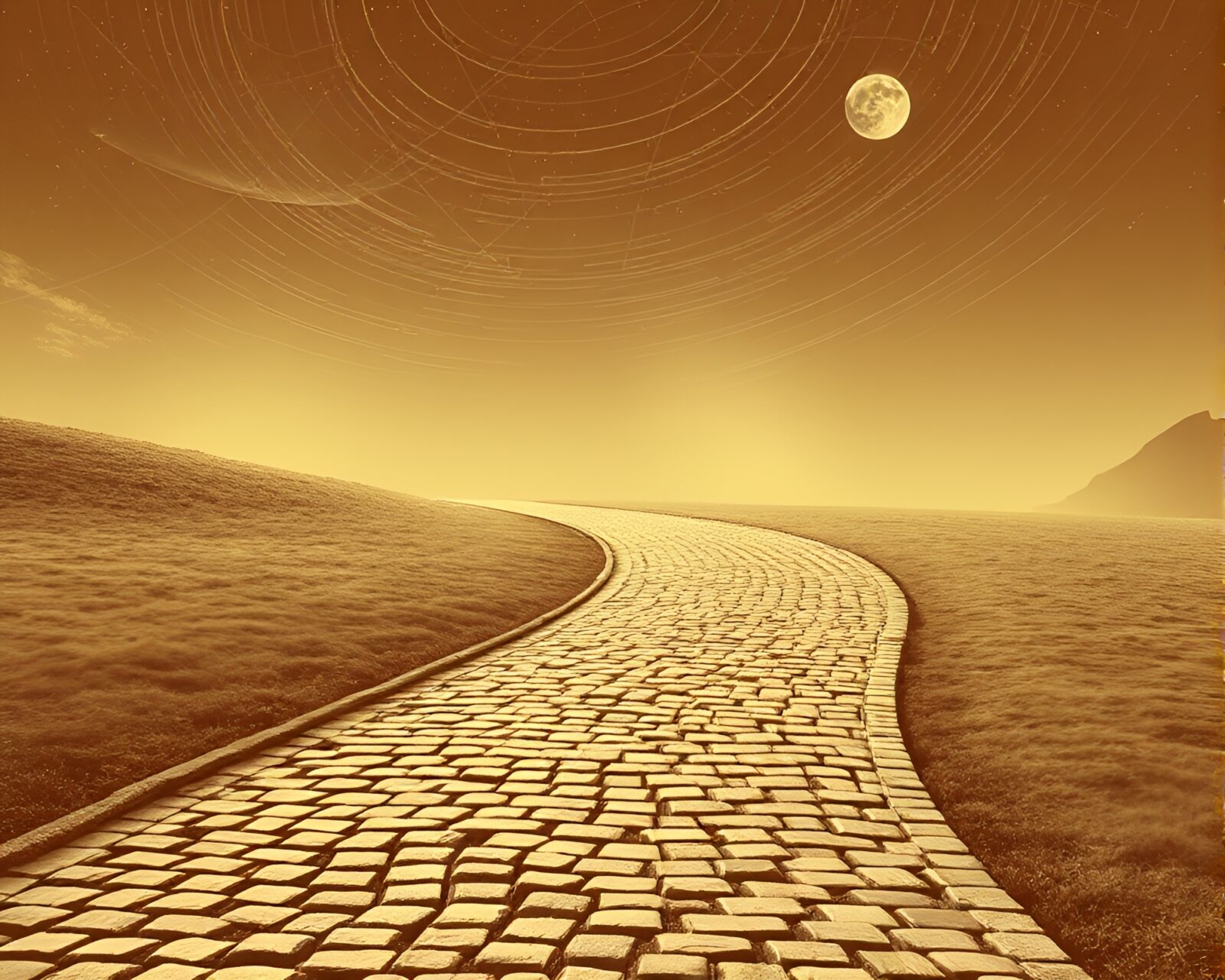 Surreal scene of ethereal beings on ancient pathway