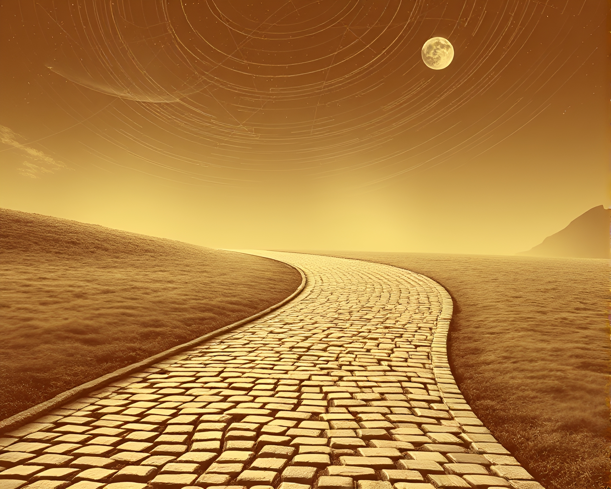 Planetary Pastel Ley Line Meeting on Cobblestone Path – free AI stock image