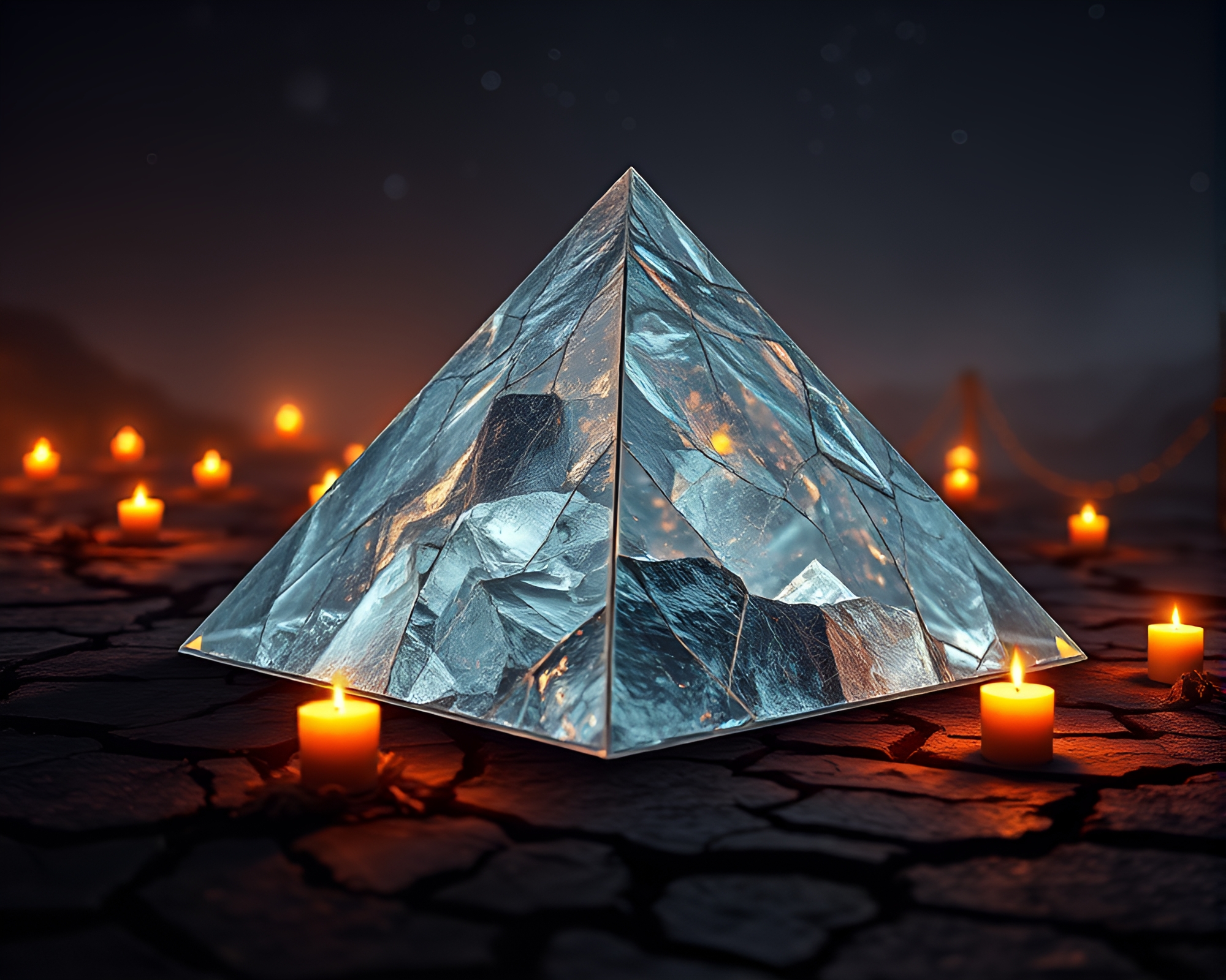 Glass Pyramid Illuminated in Candlelight on Cracked Earth – free AI stock image