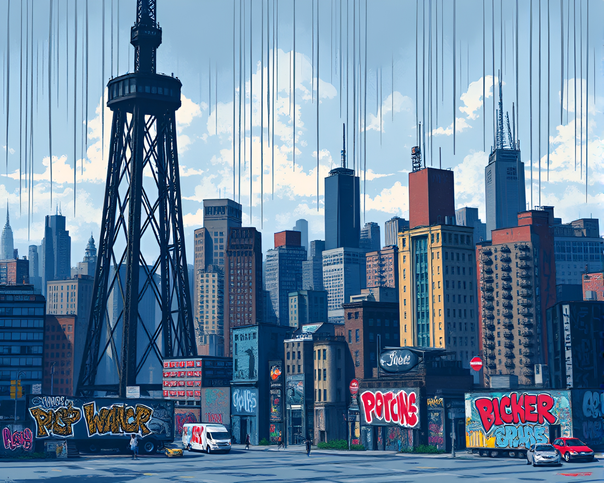 Pixel Tower: Denim Graffiti Drips – free AI stock image