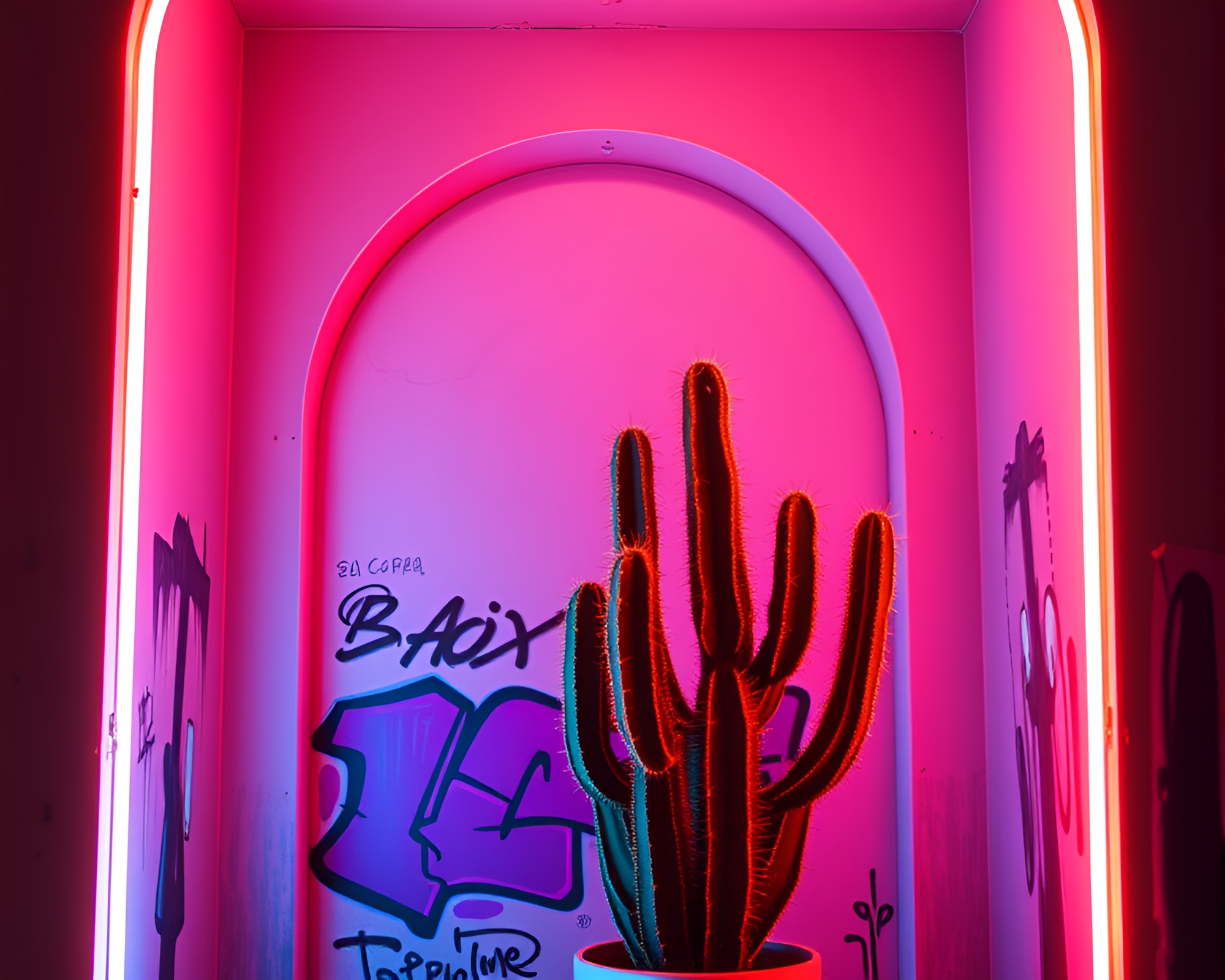 Vibrant Neon Cactus in Graffiti-Lit Architectural Frame – free AI stock image