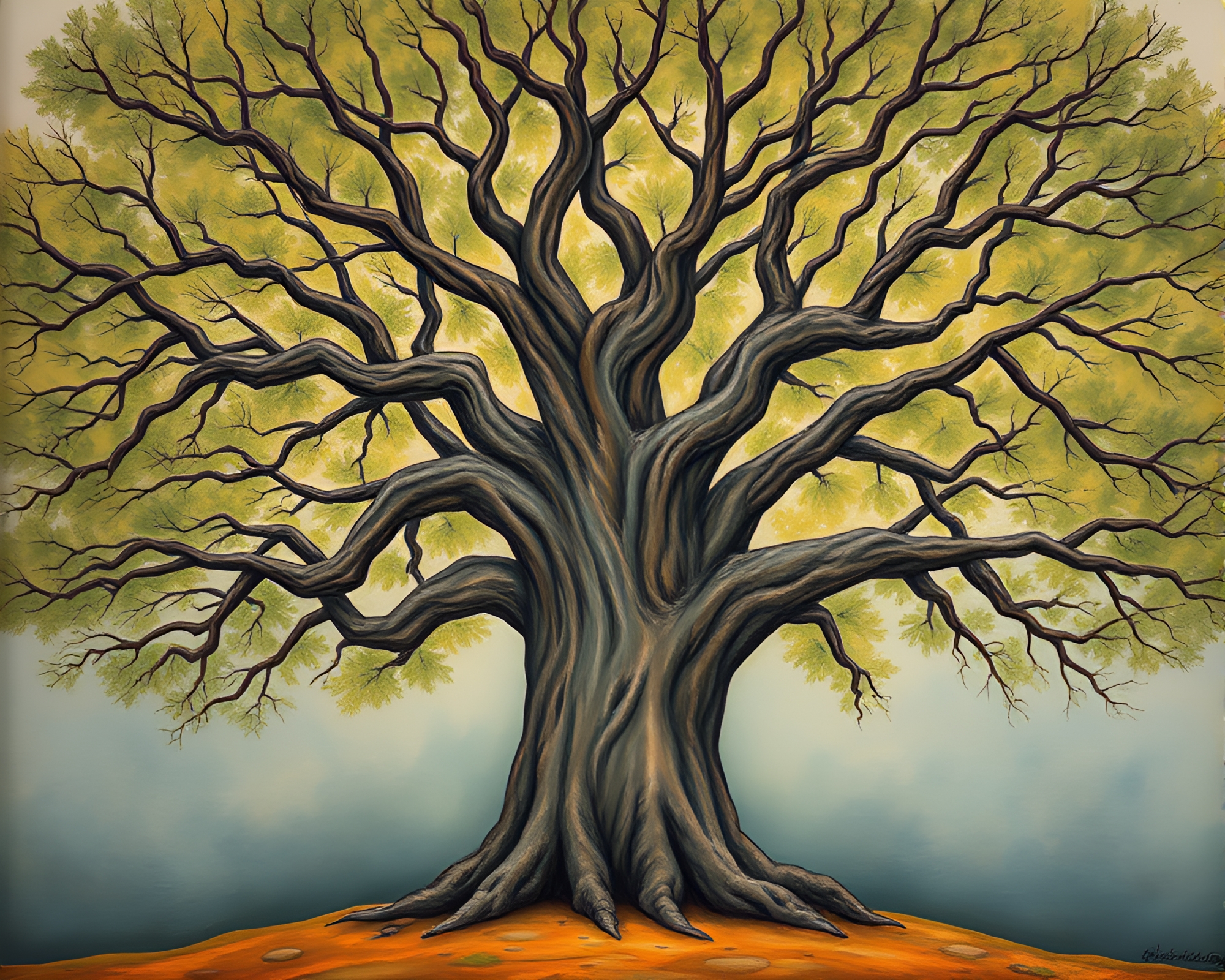 Ancient Tree Bathed in Matte Egg Tempera Light – free AI stock image