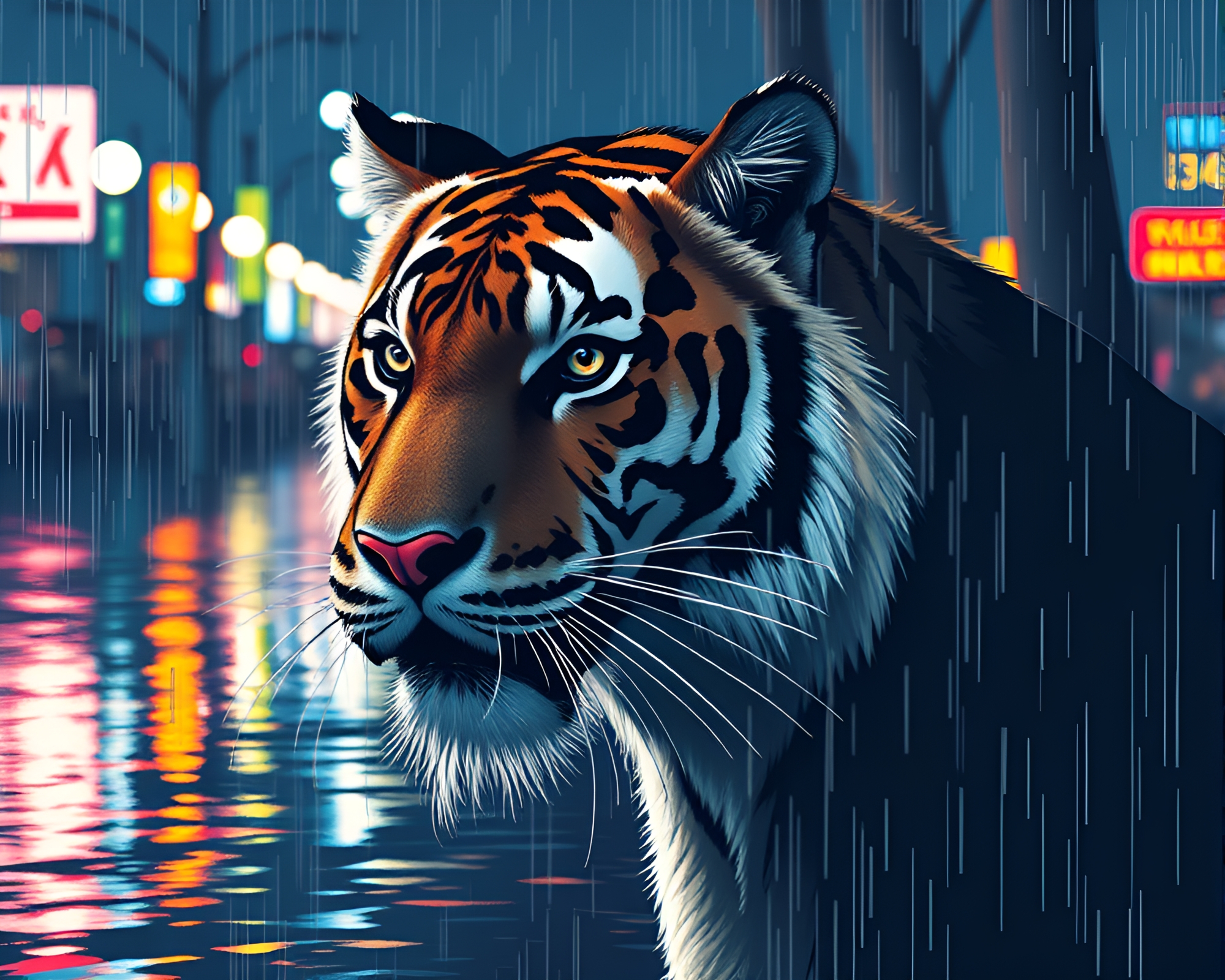 Barcode Tiger: Retro Pixel Art Rainy Reflections – free AI stock image