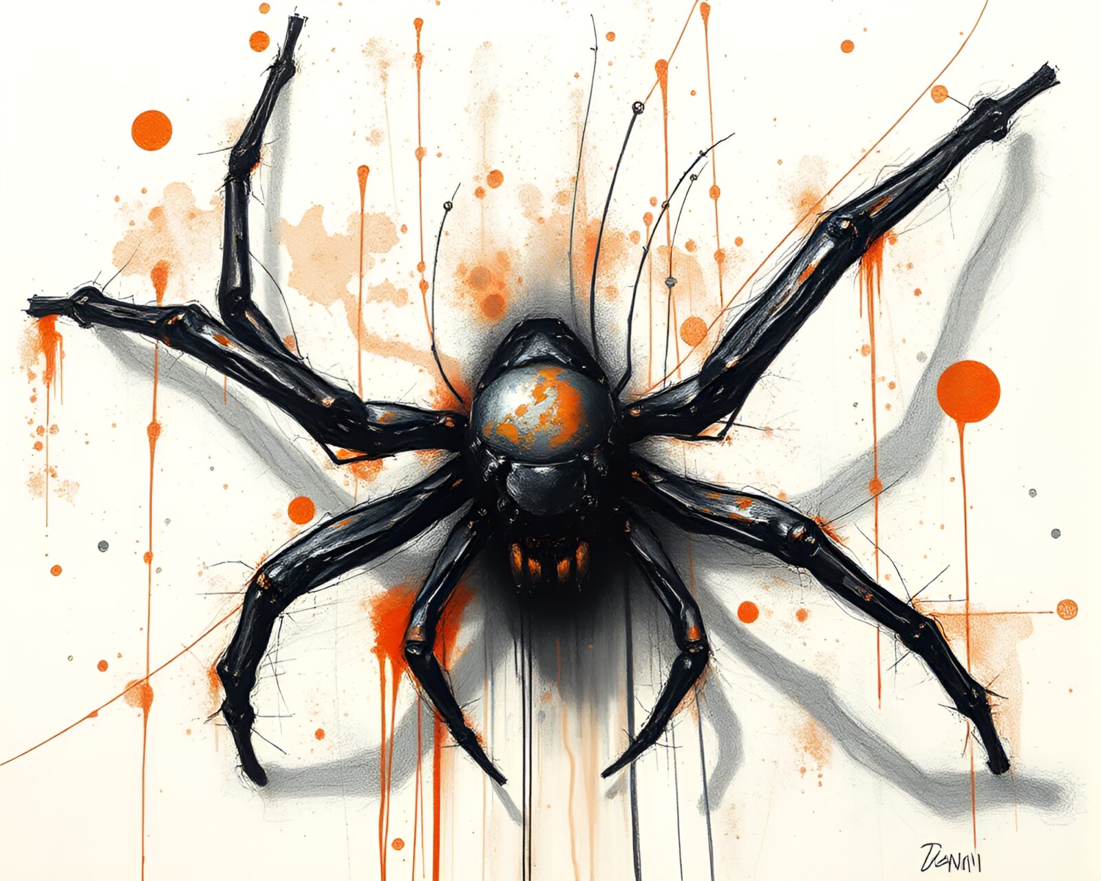 Pixelated light illuminates mechanical spider against rusty backdrop
