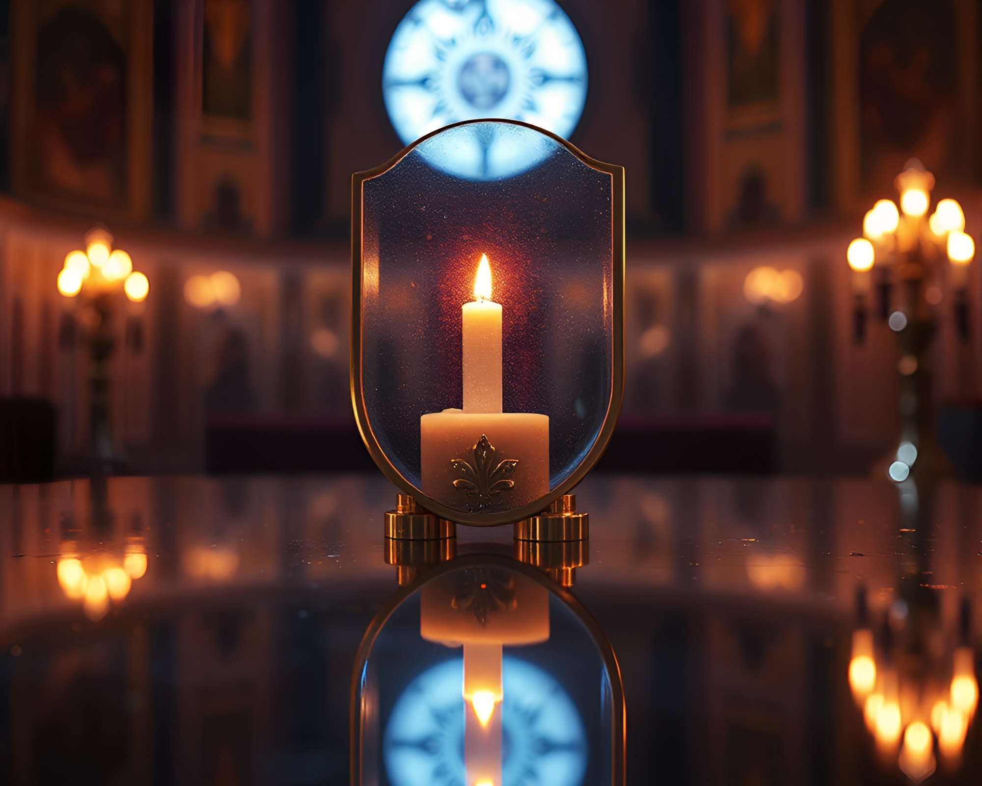 Shield Casting Holographic Glow in Candlelit Reflection – free AI stock image