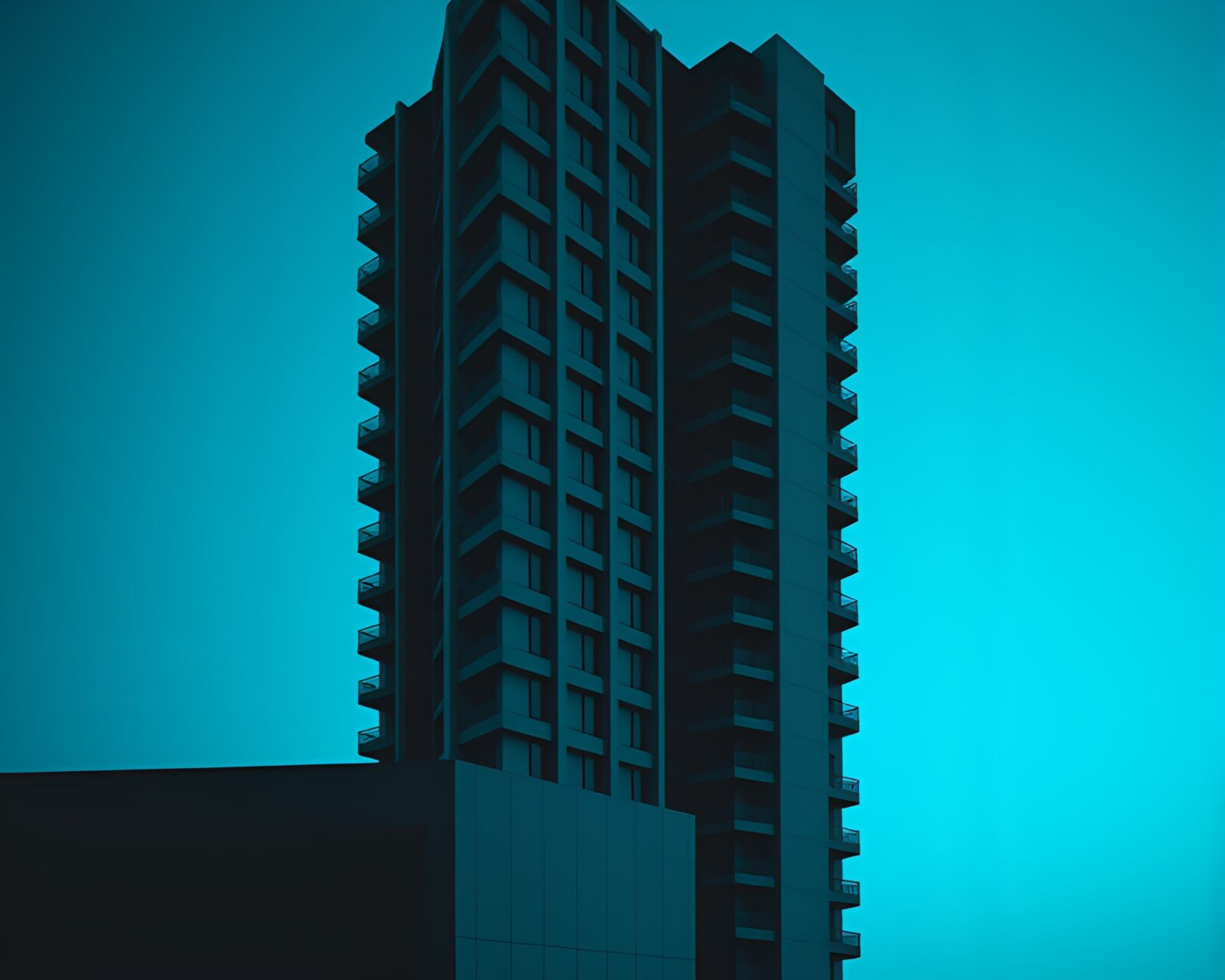 Minimalist composition of a Brutalist building in moody lighting