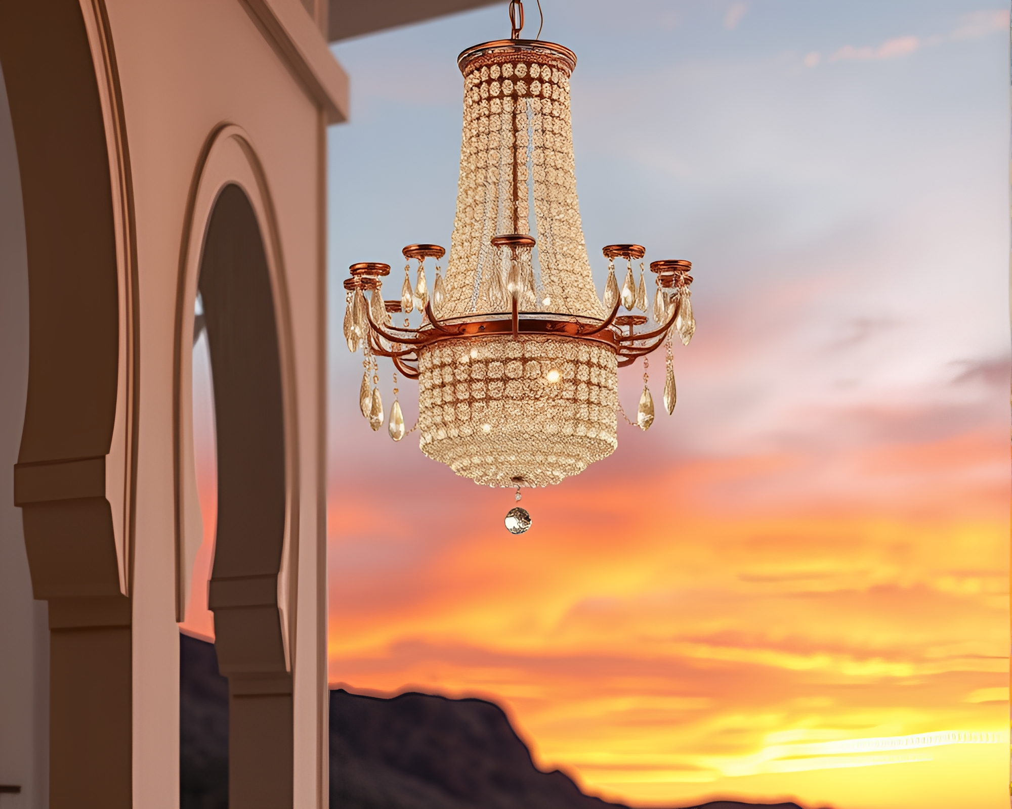 Ethereal Crystal Chandelier in Desert Sunset Glow – free AI stock image
