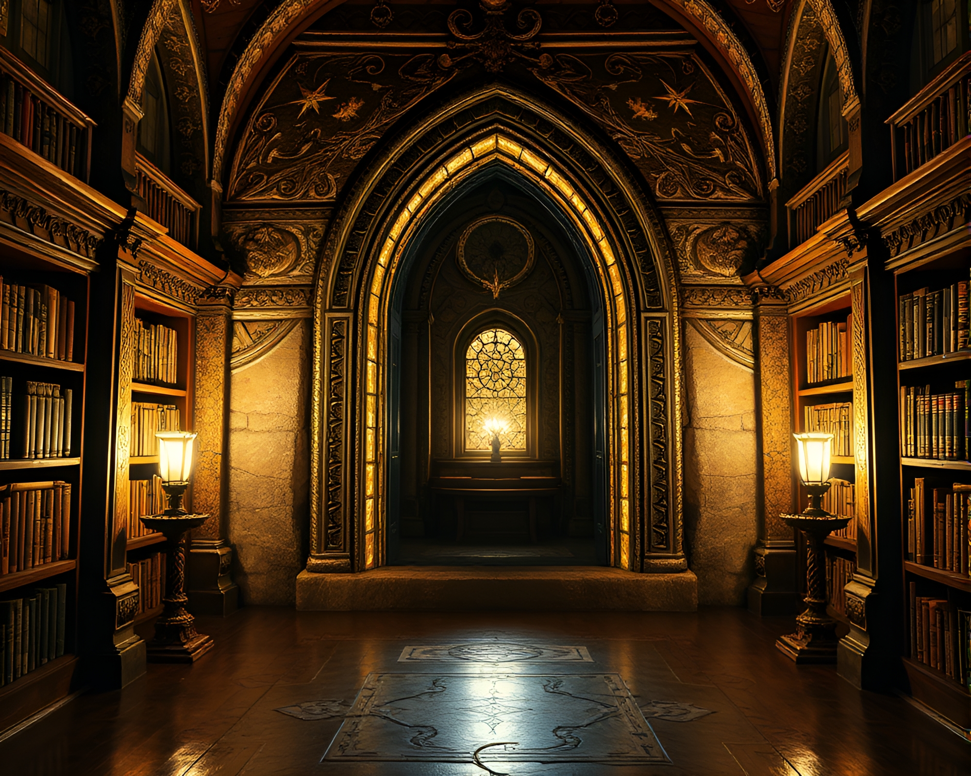 Glowing Rune Stone in Symmetrical Library Lamp Light – free AI stock image
