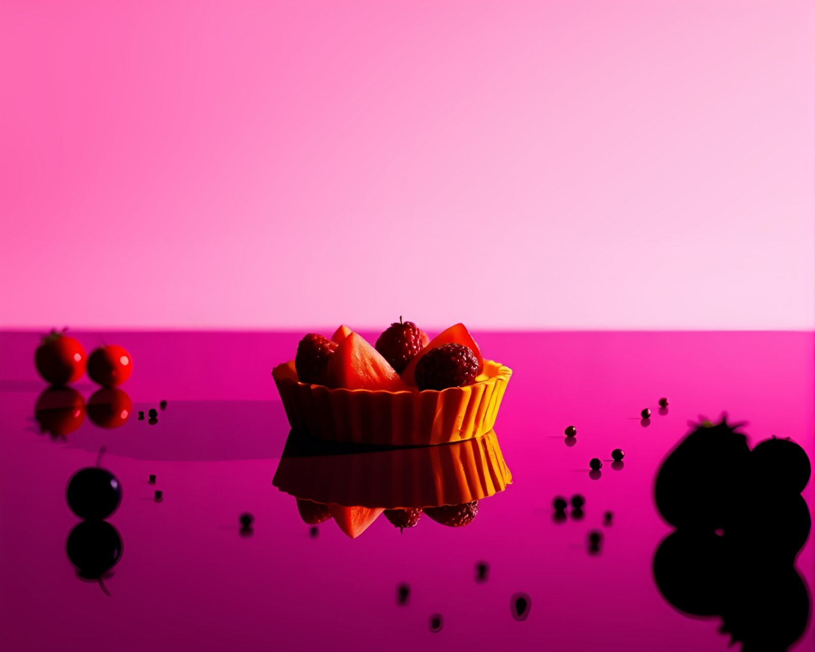 Vibrant fruit tart reflected with colorful silhouettes in water