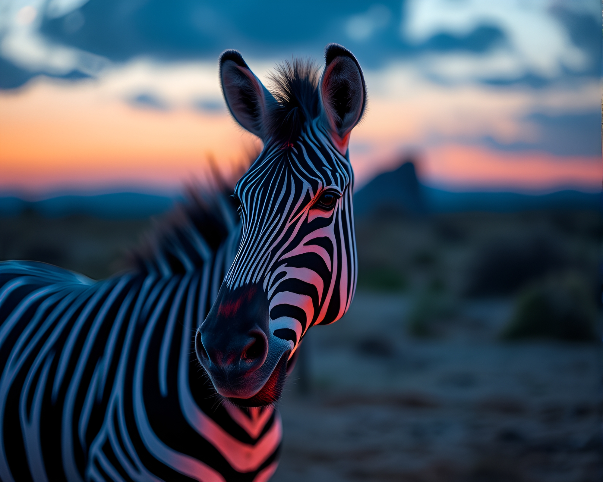 Prismatic Zebra Watching Blue Hour Refractions – free AI stock image