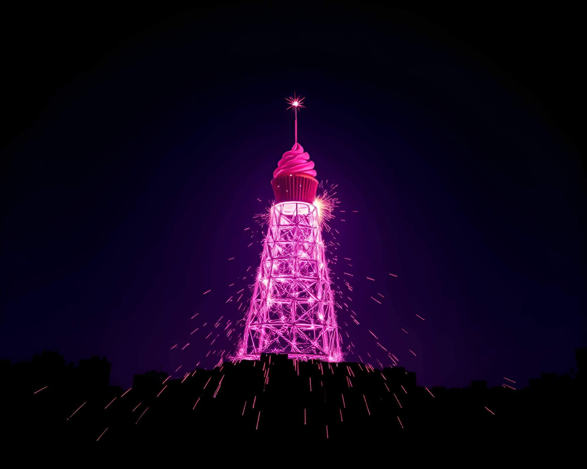 Twilight Cupcake Tower with Glitch Art Sparkler Trails – free AI stock image
