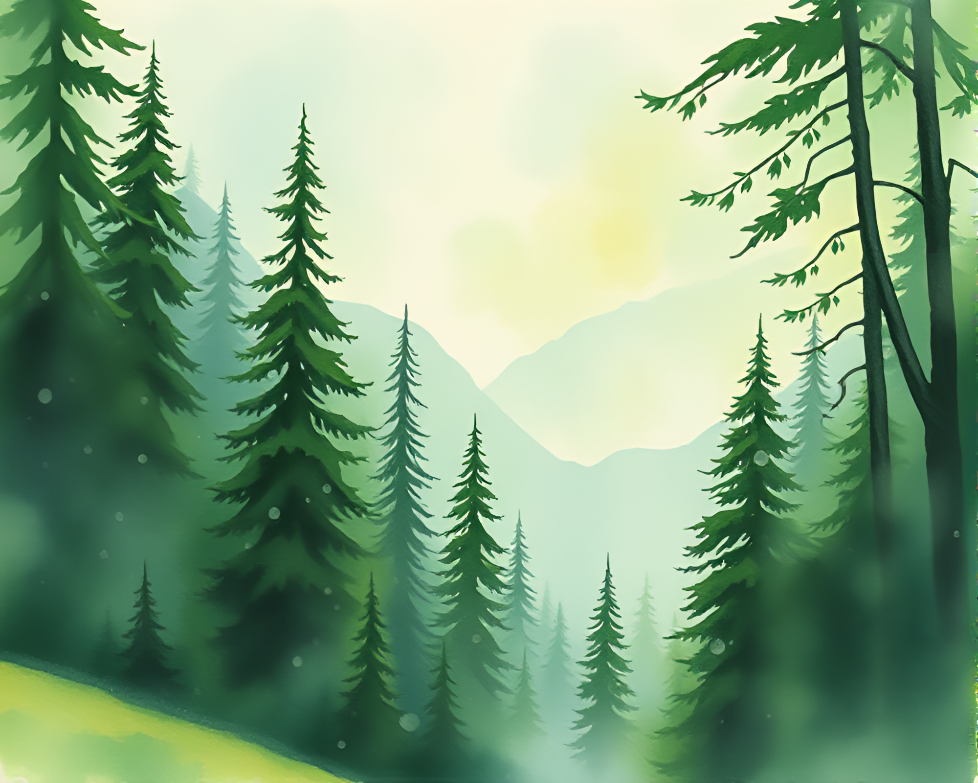 Enchanted Plateau: Rain Droplets in Watercolor Forest – free AI stock image