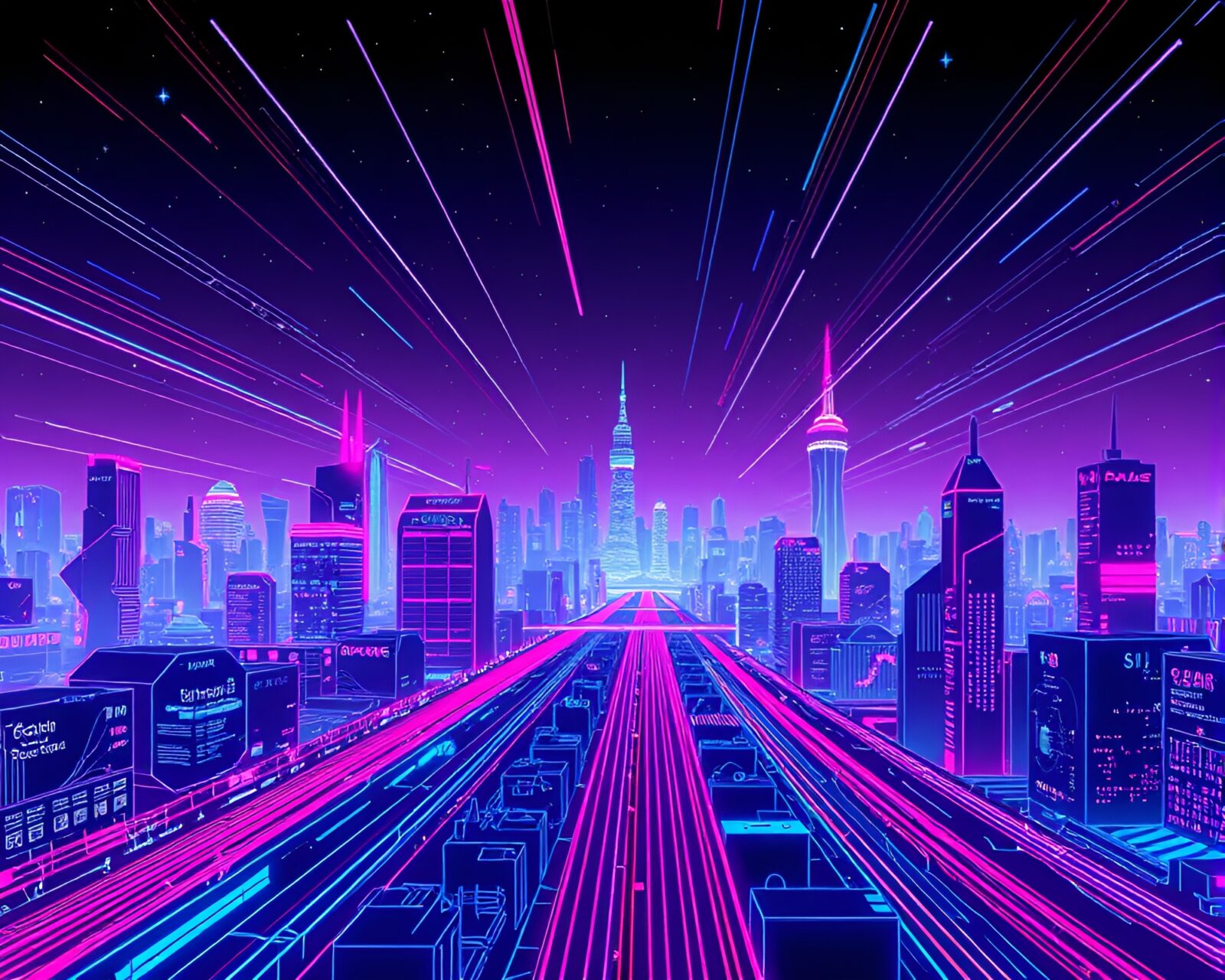 Vibrant blueprints of a futuristic neon city at night