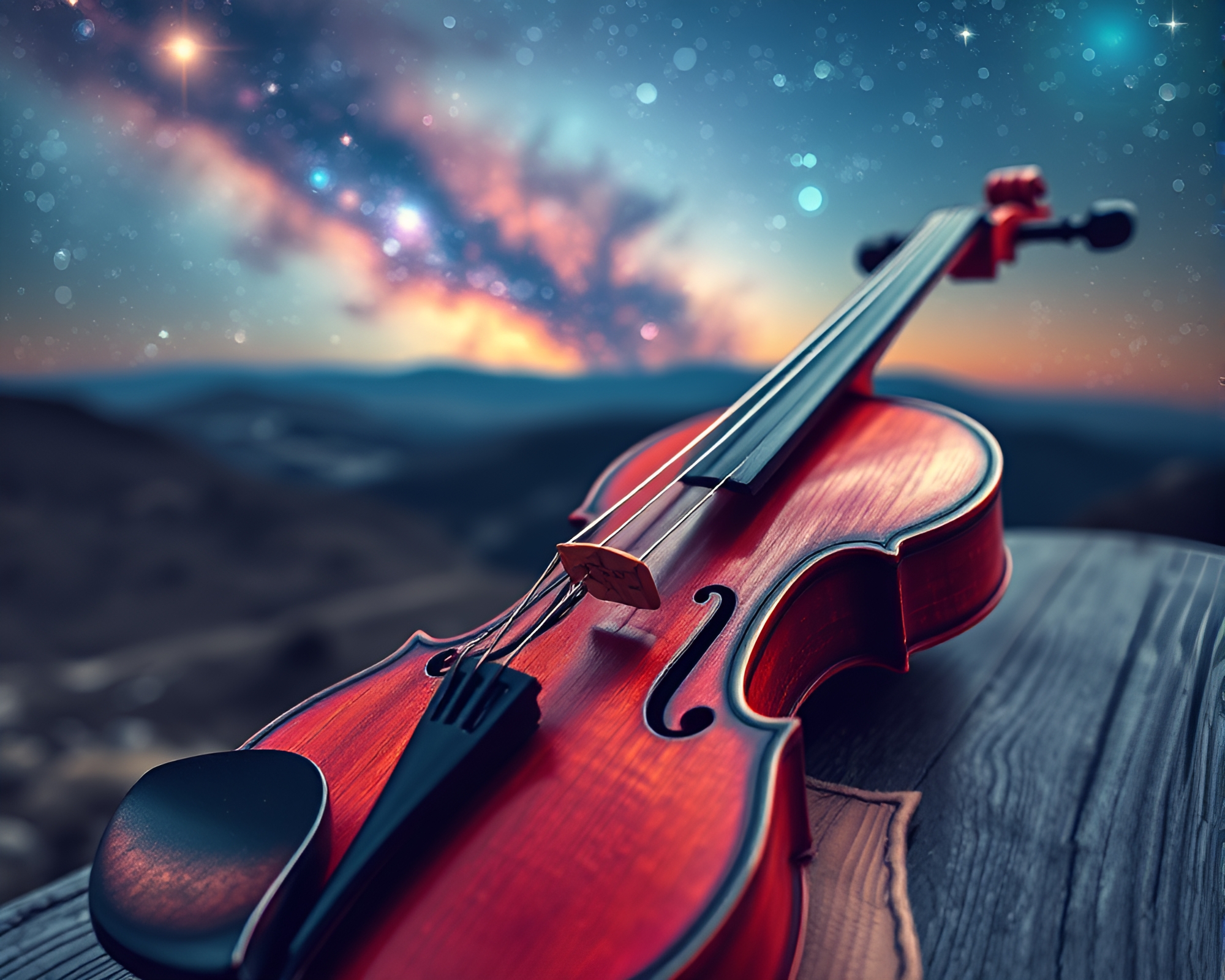 Galaxy-Inspired Wooden Violin Panorama – free AI stock image