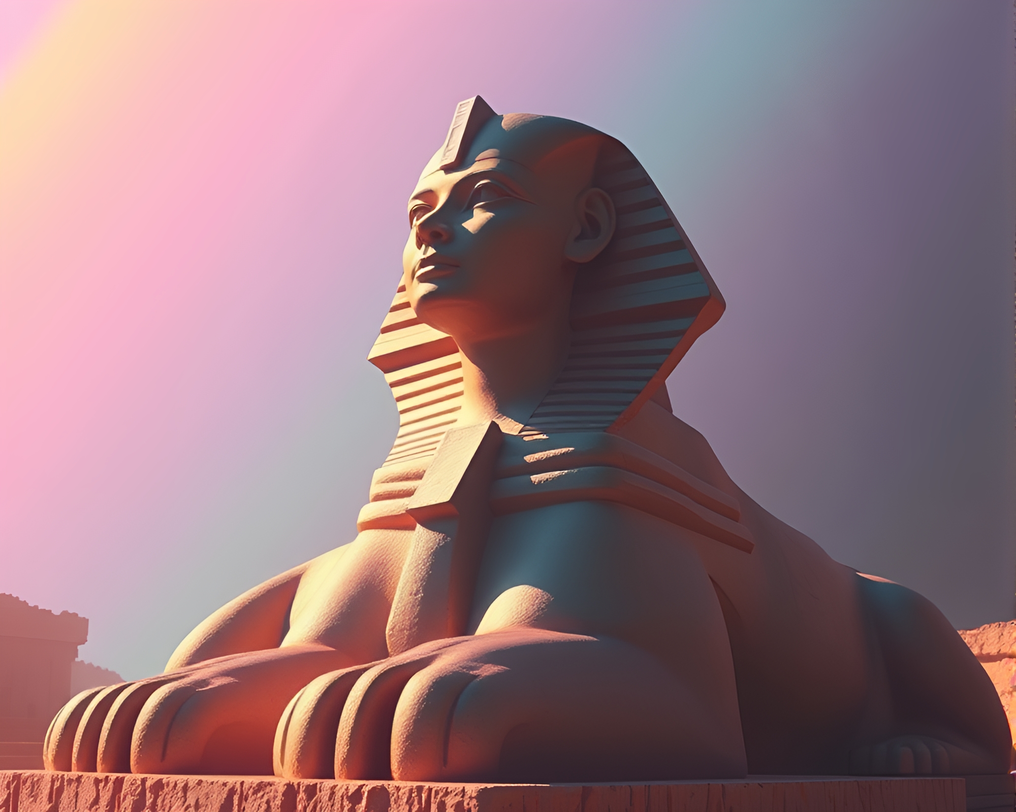 Sphinx statue in neon rainbow synthwave negative space – free AI stock image