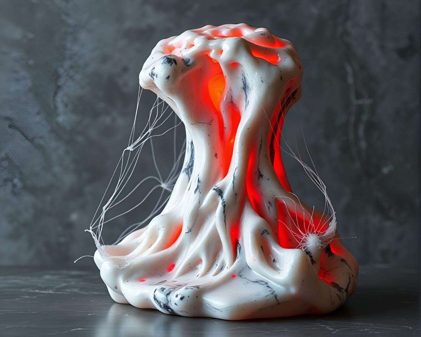 Sculpture surrounded by red lava-like lighting in stop-motion