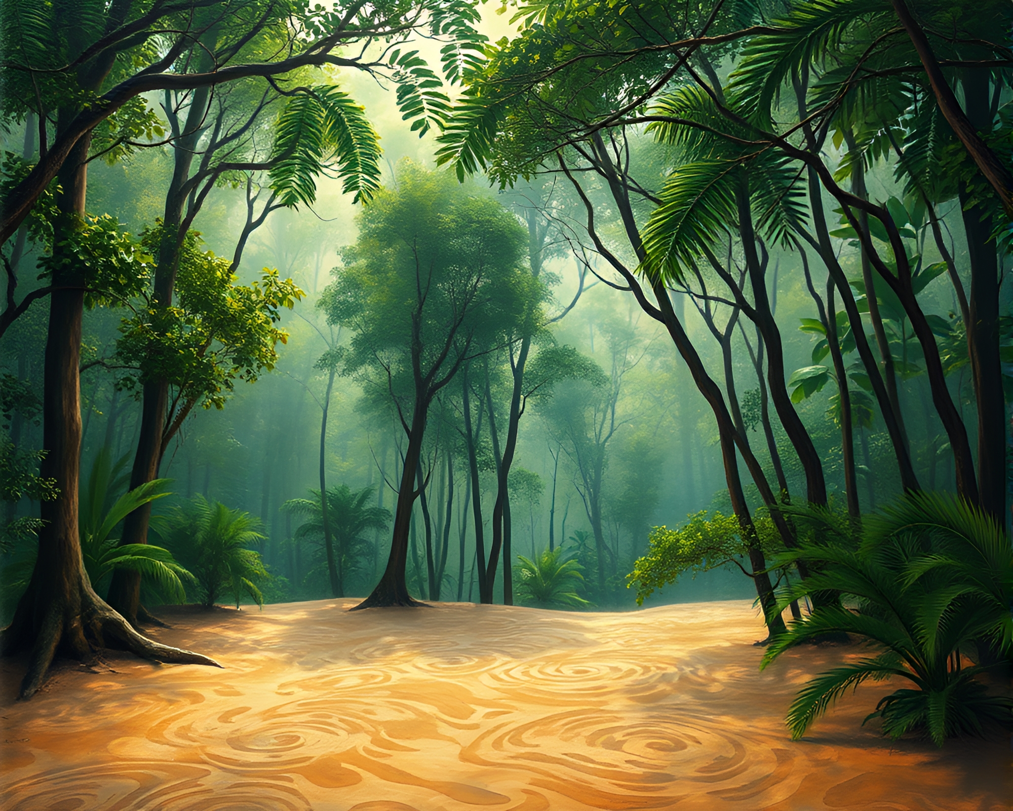 Lush Rainforest Canopy in Fresco Painting Style – free AI stock image