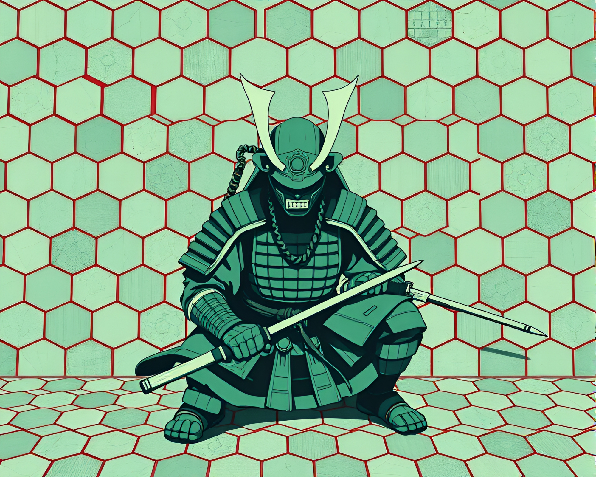 Samurai Warrior in Mint Green Hexagonal Anime Formation – free AI stock image