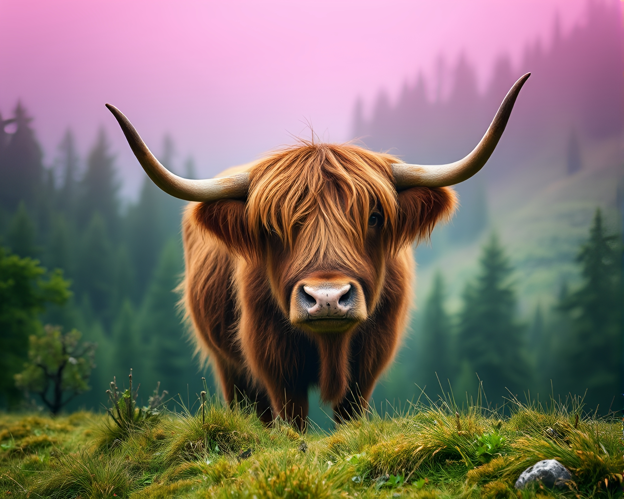 Highland Cow in 16-Bit Rainforest Green Haze – free AI stock image