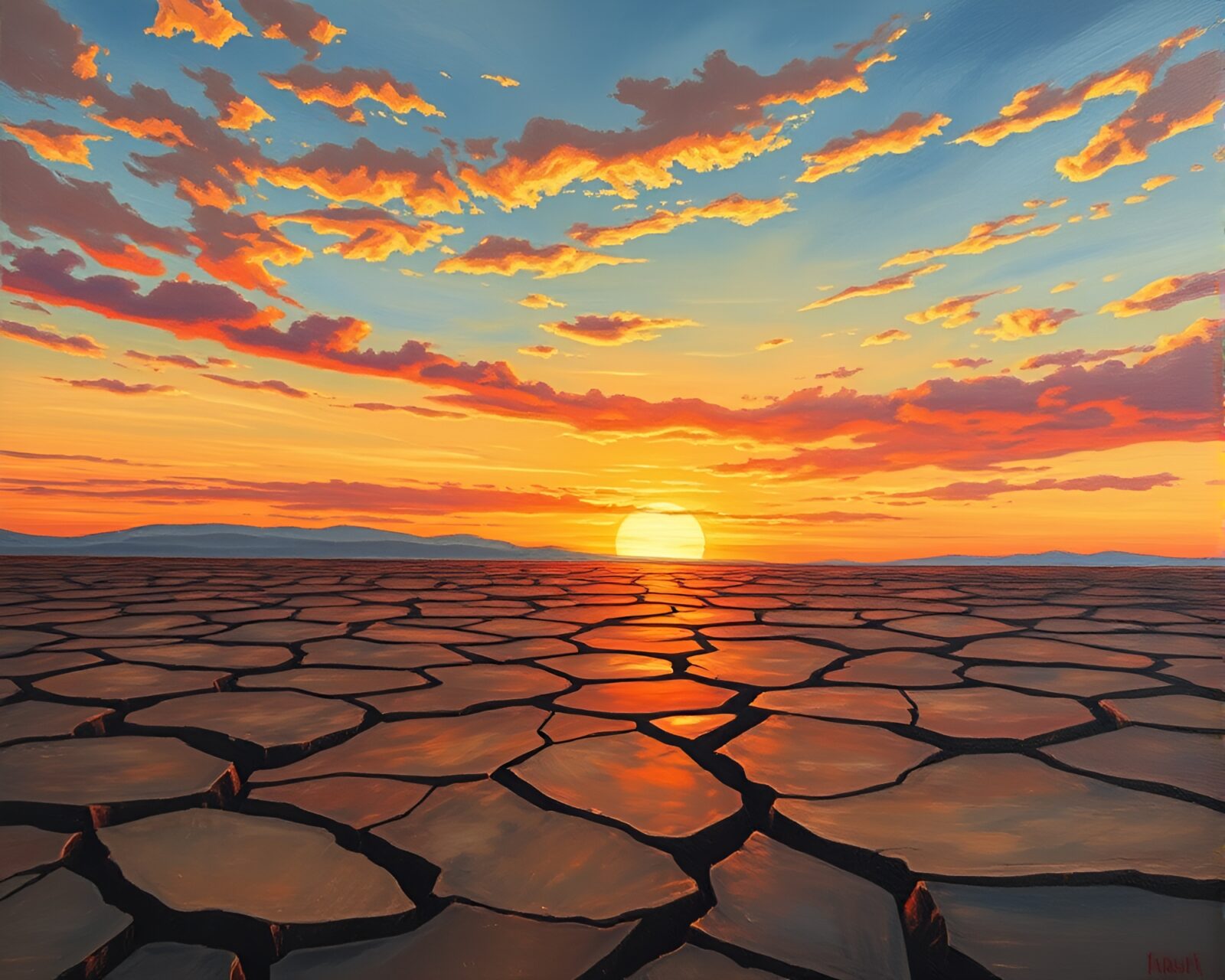Tempera painting of trumpet on cracked earth at sunset