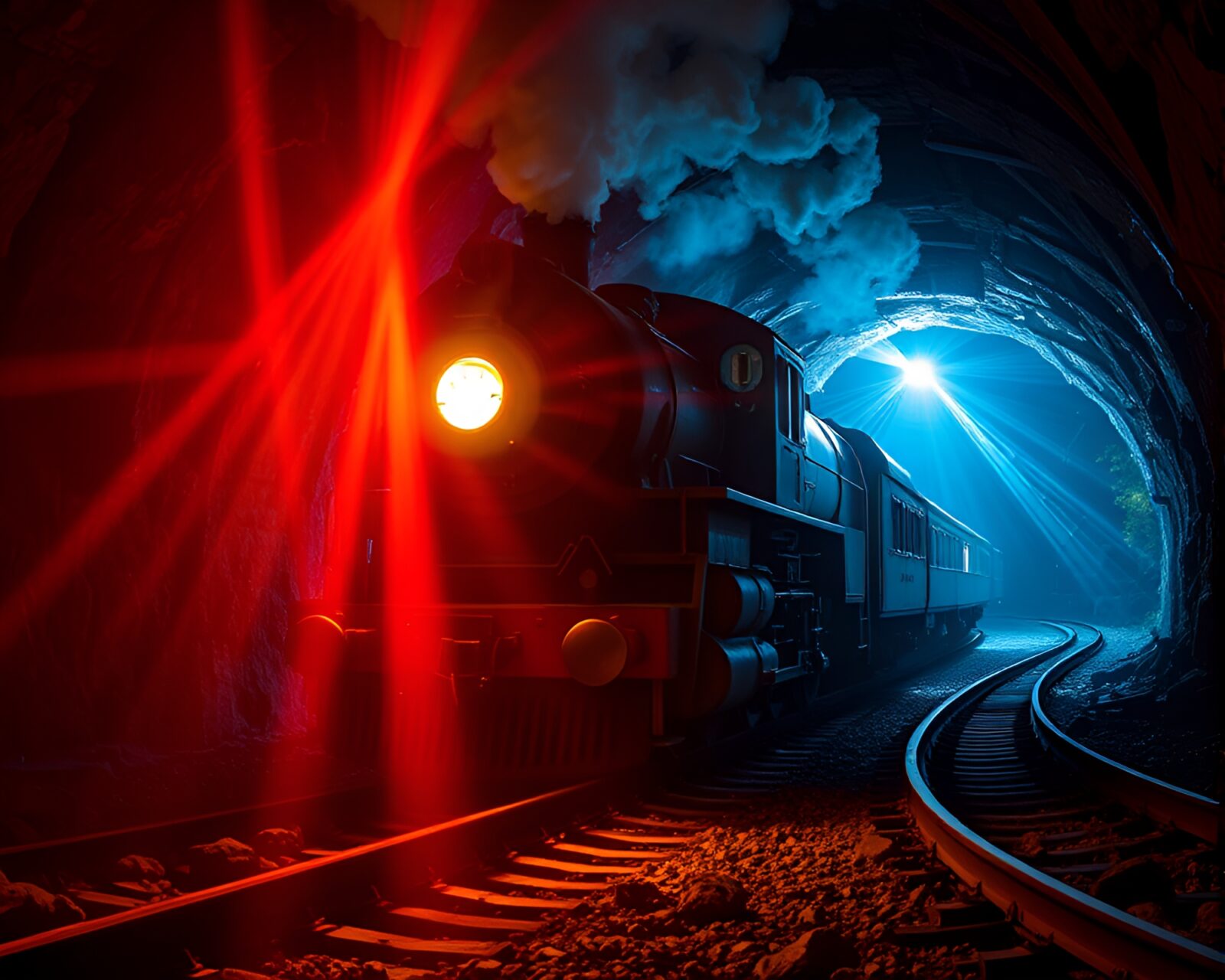 Fantasy dungeon with train track and laser beam lighting