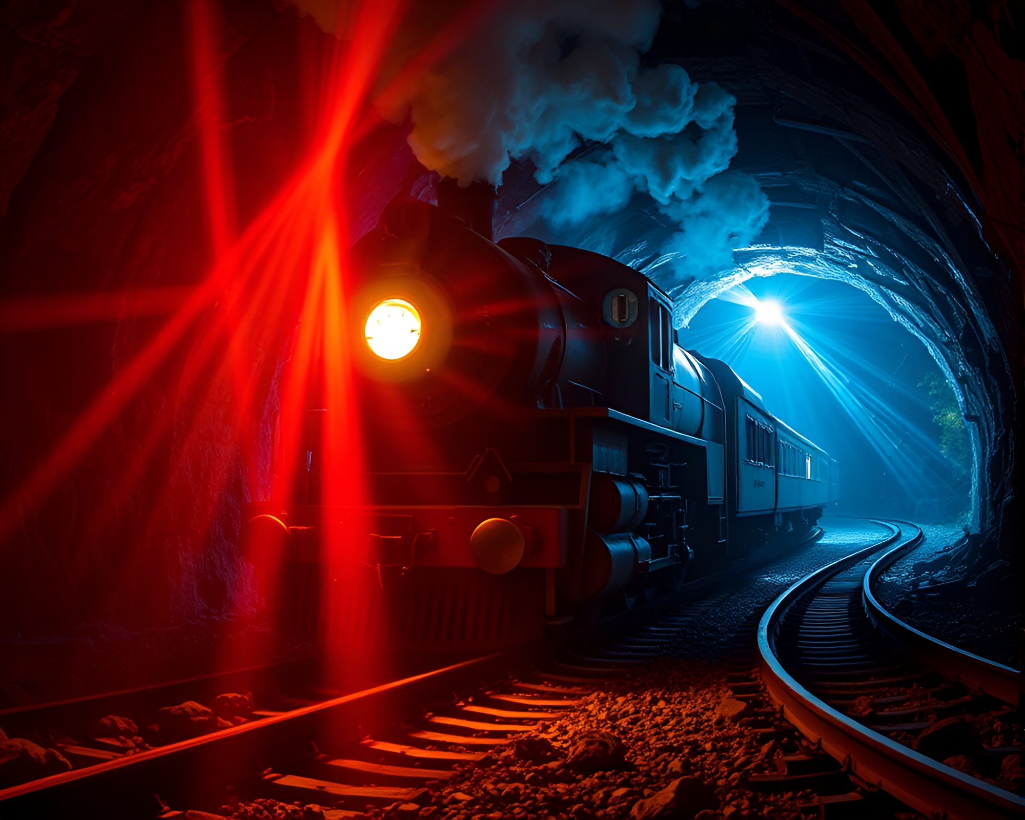 Train tunnel illuminated by laser beam torchlight – free AI stock image