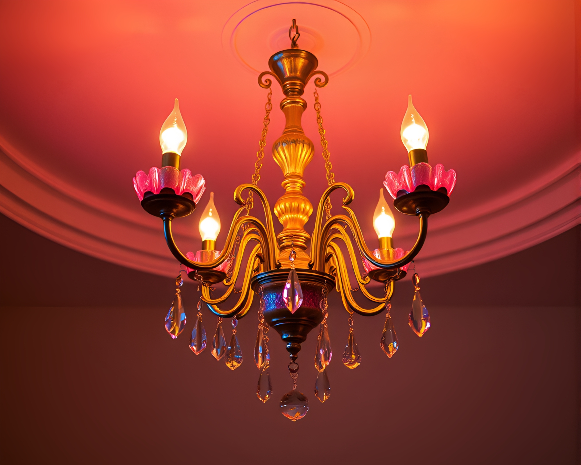 Victorian Chandelier Illuminated by Soft Planetary Neon Glow – free AI stock image