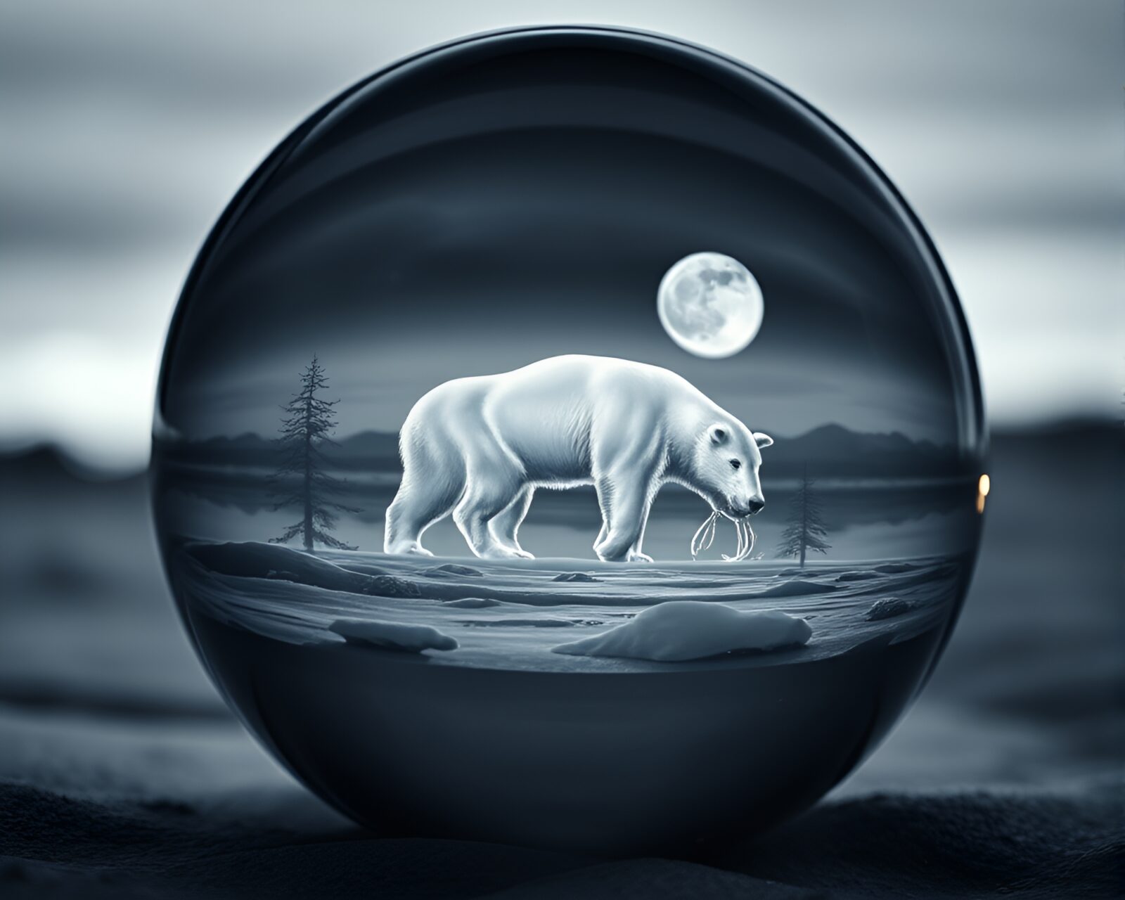 Intricate details of glass orb in twilight with duotone effect