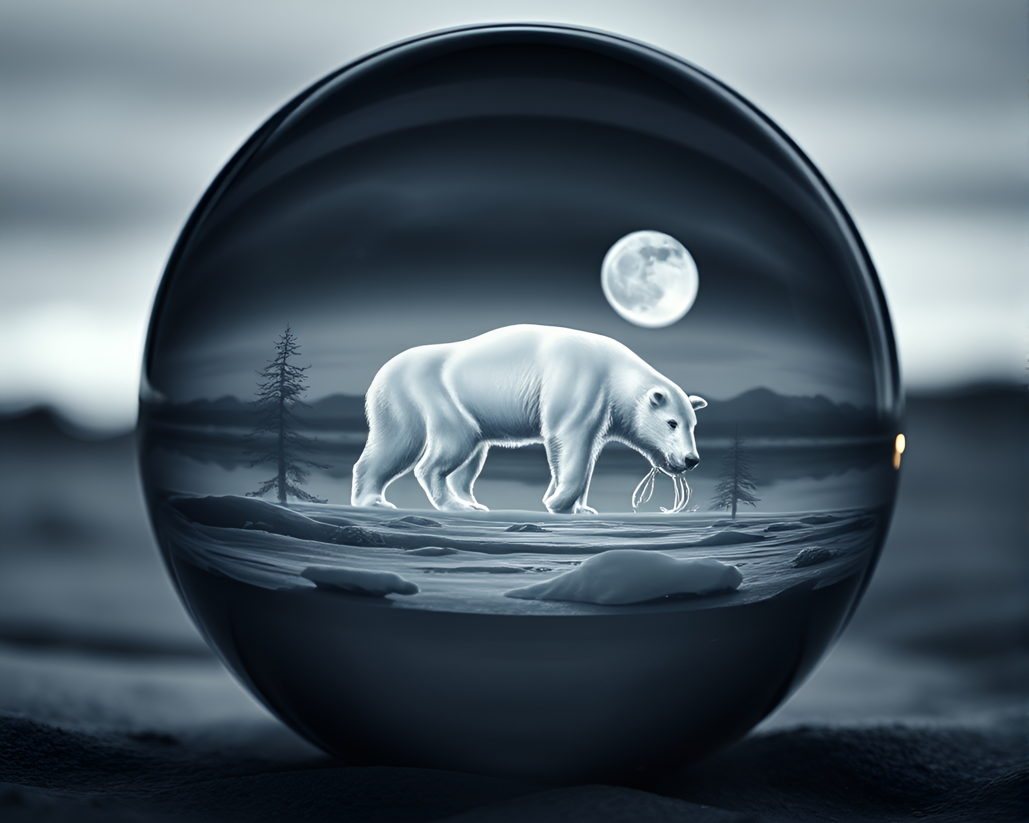 Engraved Glass Orb in Polar Twilight Duotone Photograph – free AI stock image
