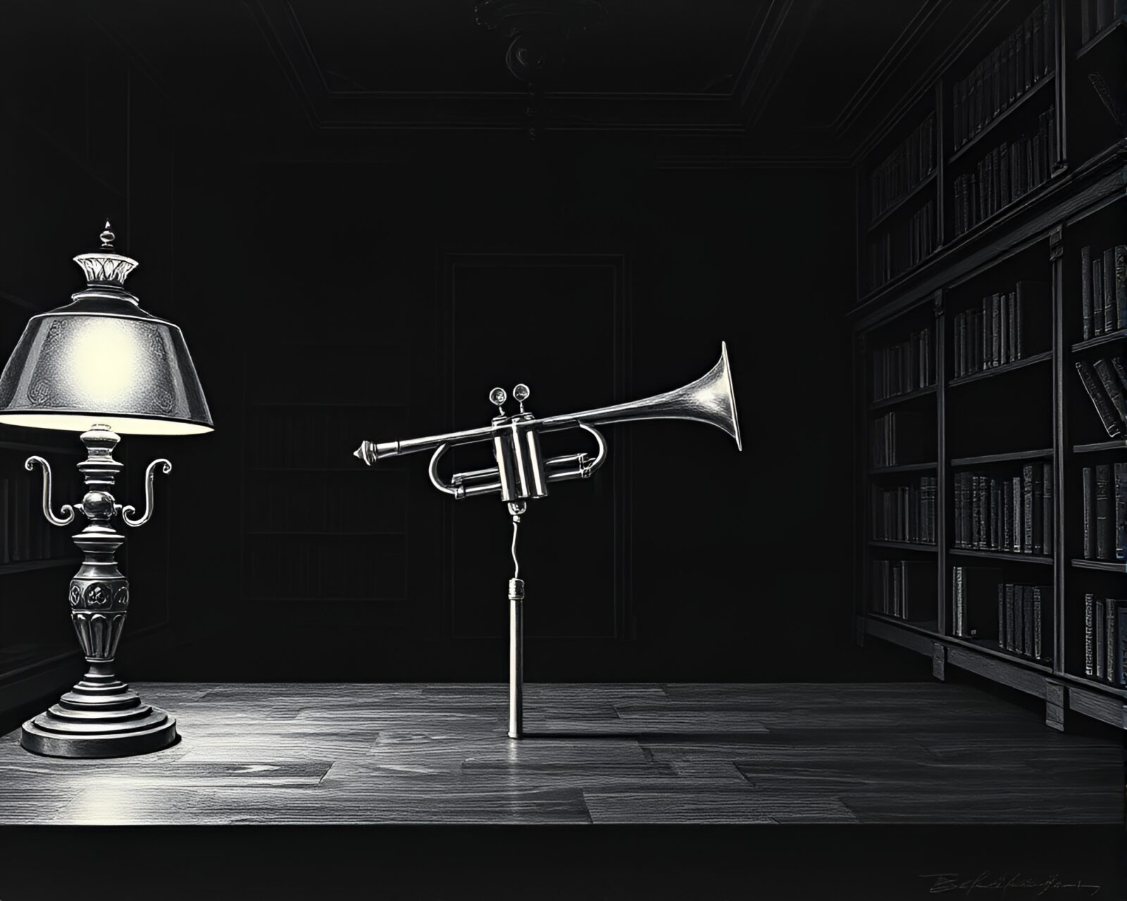 Vintage trumpet in a softly lit library setting