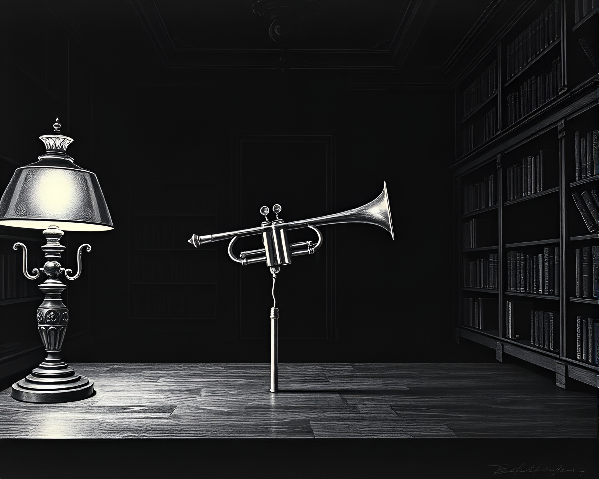 Etching Lines Trumpet Serenaded in Library Lamp Light – free AI stock image
