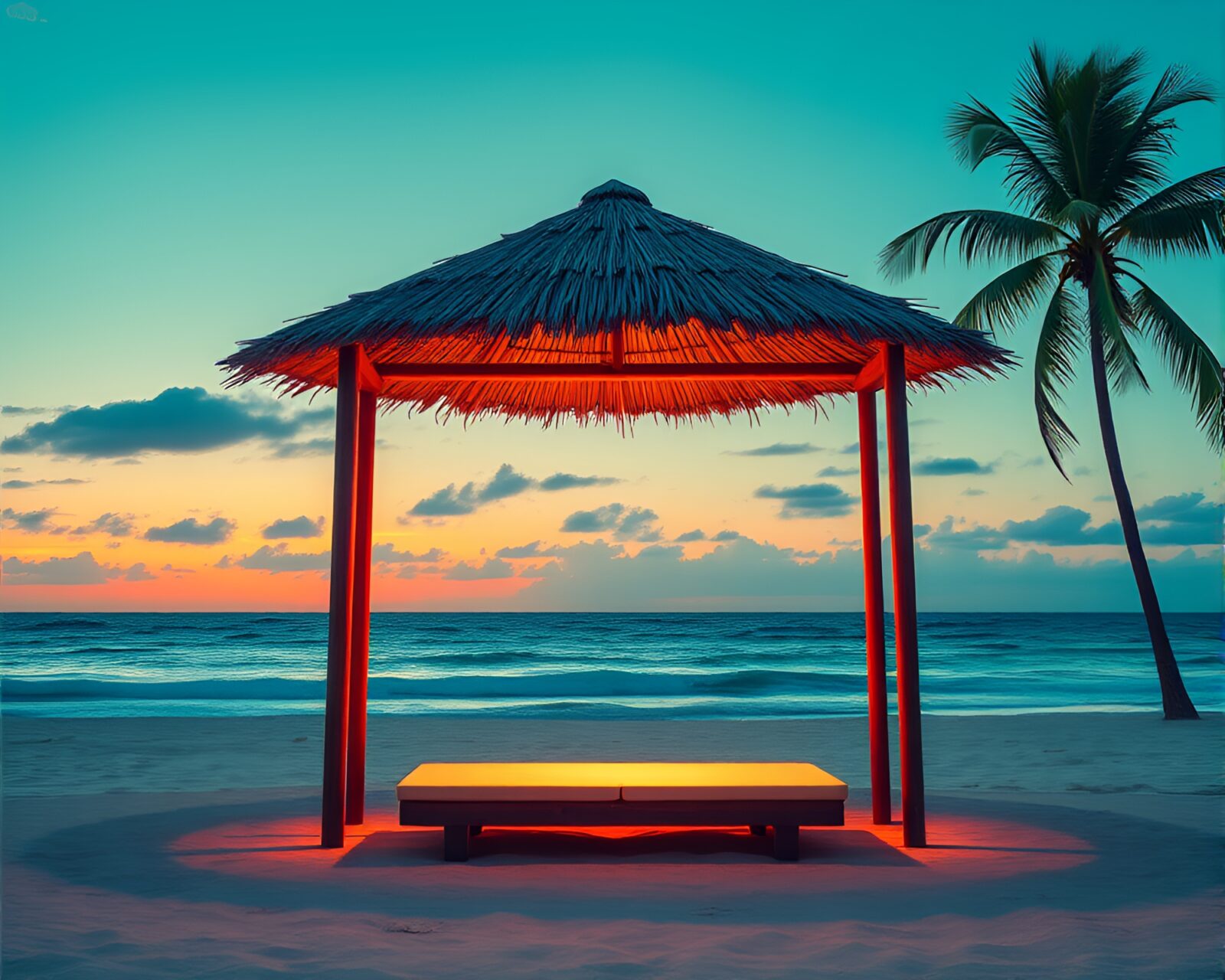 A blueprint-style image of a secluded beach at sunset